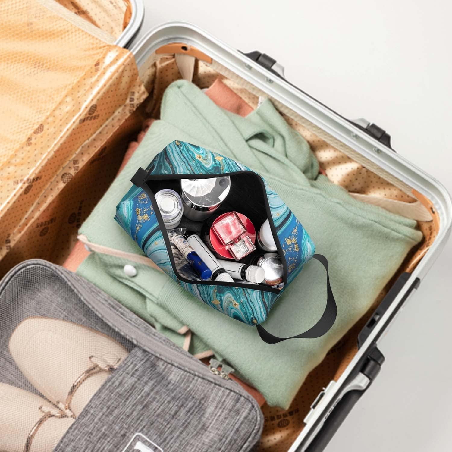 Neceser de viaje, bolsa de maquillaje grande, bolsa de afeitado portátil, bolsa de lavado para viajes, gimnasio, camping, Mármol azul dorado