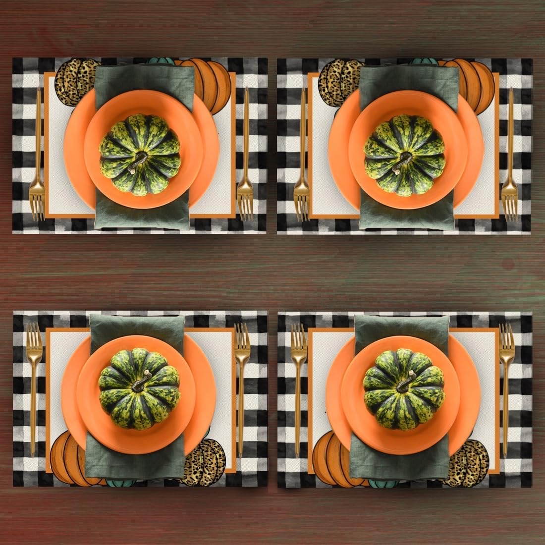 Juego de 4 manteles individuales de otoño de calabaza a cuadros negros de 12 x 18 pulgadas, decoración de hojas de arce para otoño, Acción de