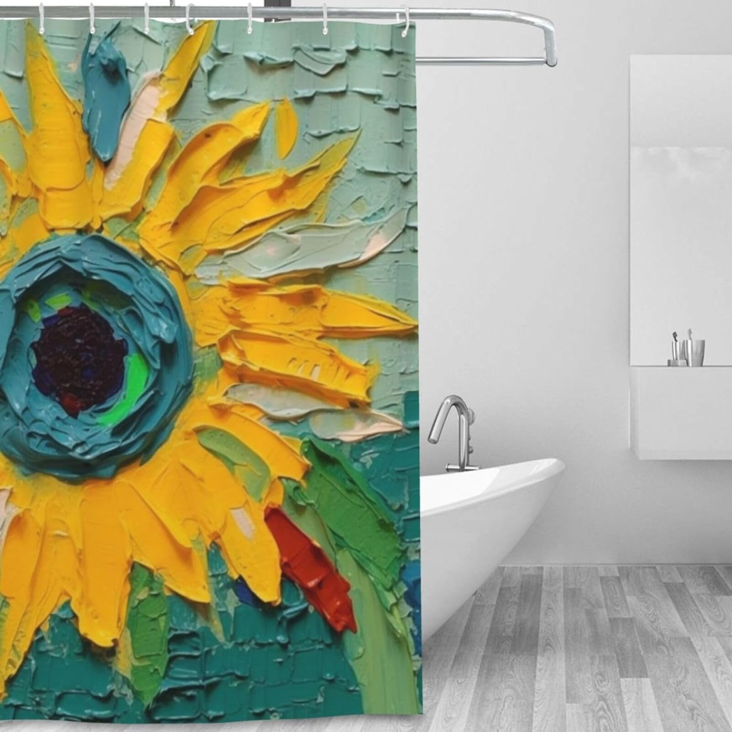 YLATY2405 – Cortina de ducha de girasol para baño, pintura al óleo, hojas verdes, flores, bohemio, tela amarilla abstracta, moderna, impermeable,