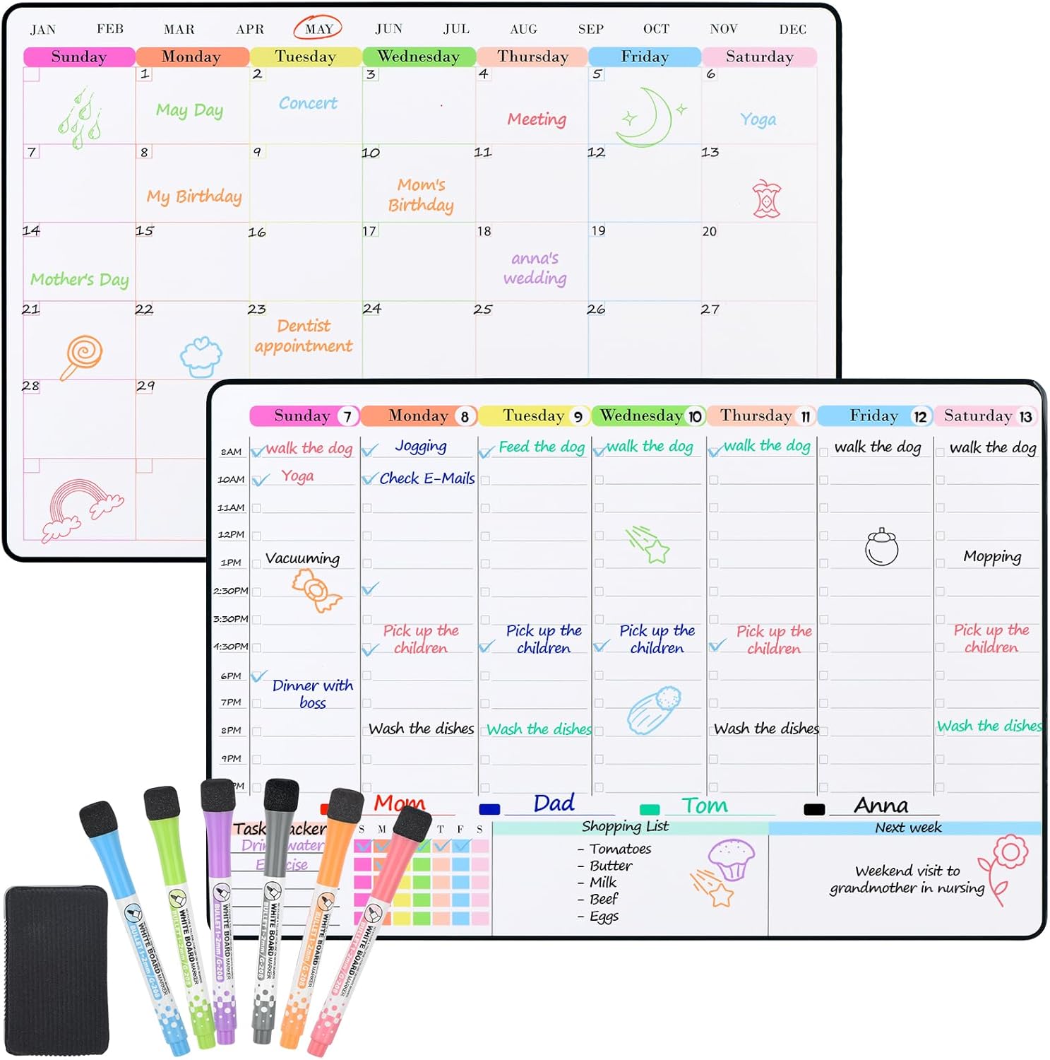 POPRUN Dry Erase Calendar weekly and monthly self adhesive stick on non-magnetic stainless fridge & Glass & Wall & wooden (any smooth surface)