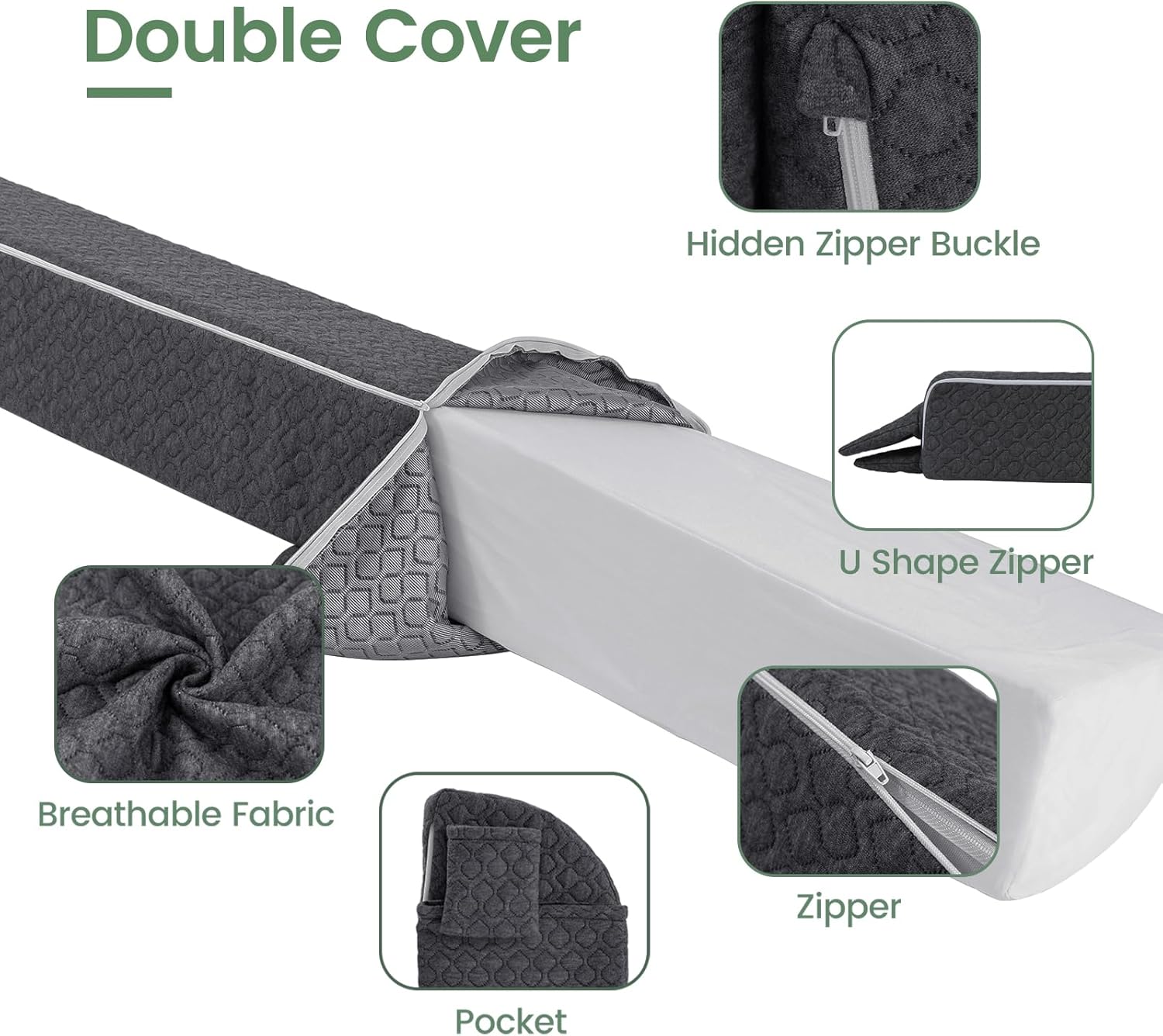 Cabecero de almohada de cuña con funda extraíble, relleno de espacio de cama (0-6 pulgadas), tamaño King (76 x 8 x 6 pulgadas) para dormir, almohada