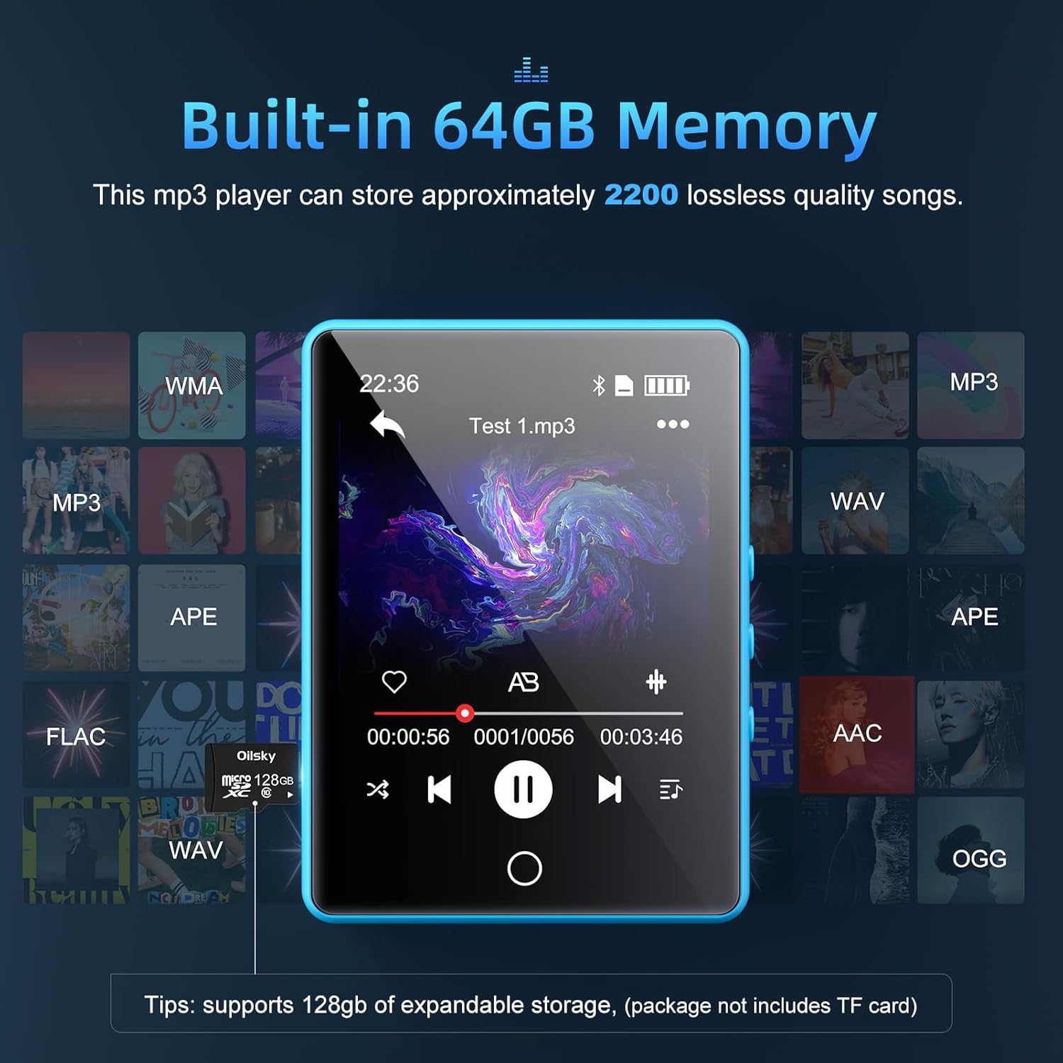 64GB Mp3 Player with Bluetooth 5.3, 2.8″ Full Touch Screen Music Player, Portable Digital Lossless Media Player with FM Radio Speaker for Kids, Up