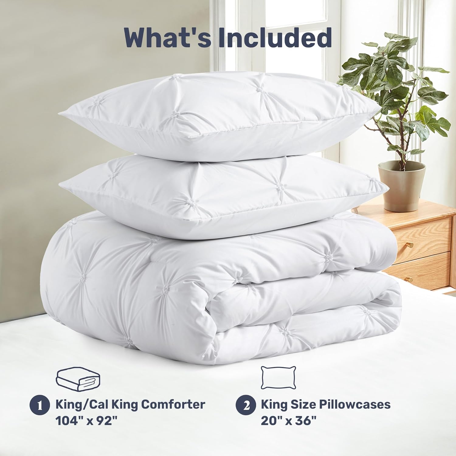 Juego de edredón tamaño King color blanco, juego de ropa de cama alternativo suave y esponjoso para todas las estaciones, juego de cama plisado de 3