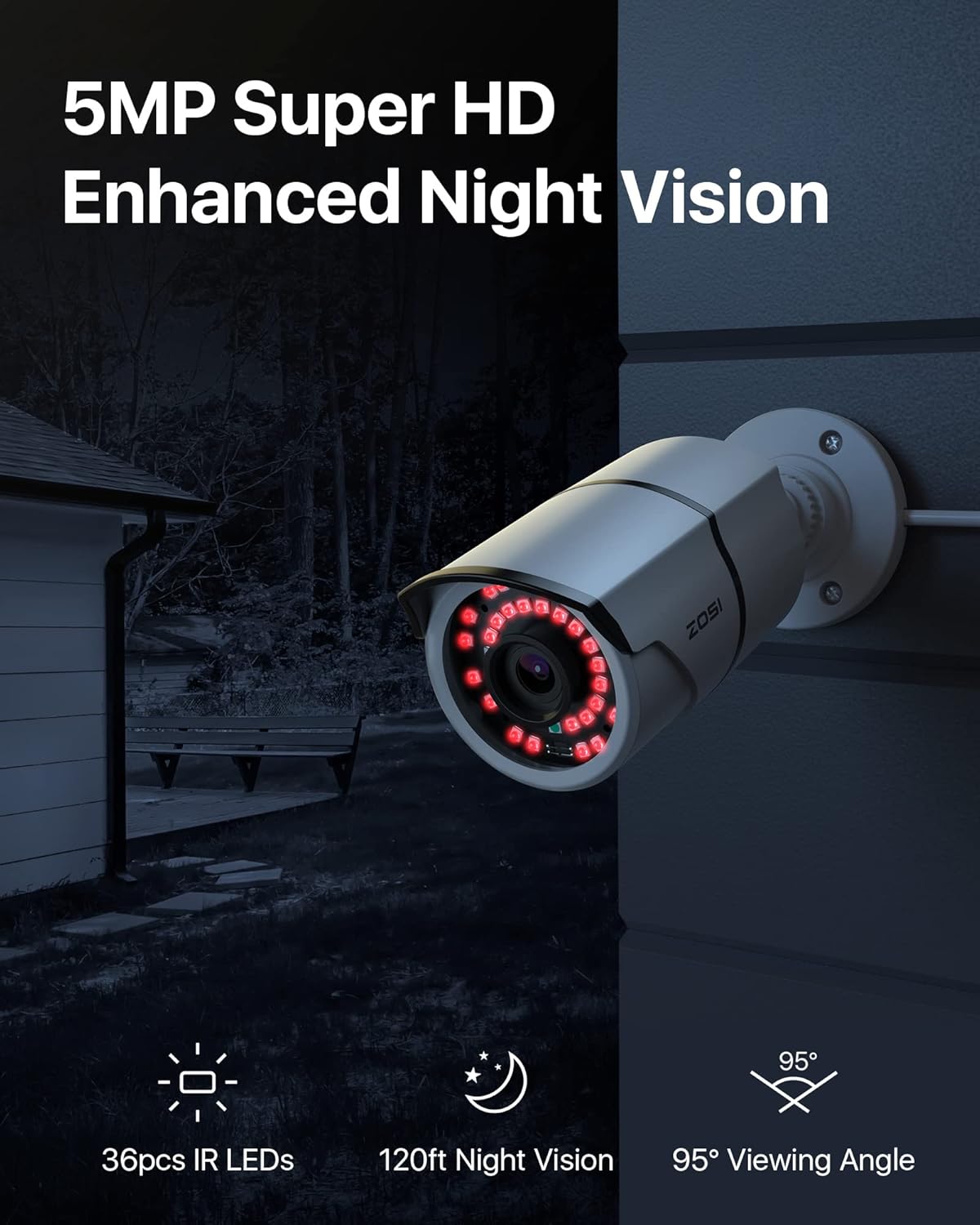 ZOSI ZG2615P Cámara IP PoE de 5MP con visión nocturna y cable Ethernet RJ45 de 100 pies, solo funciona PoE NVR (Modelo ZR16DK, ZR08EN, ZR08DN,
