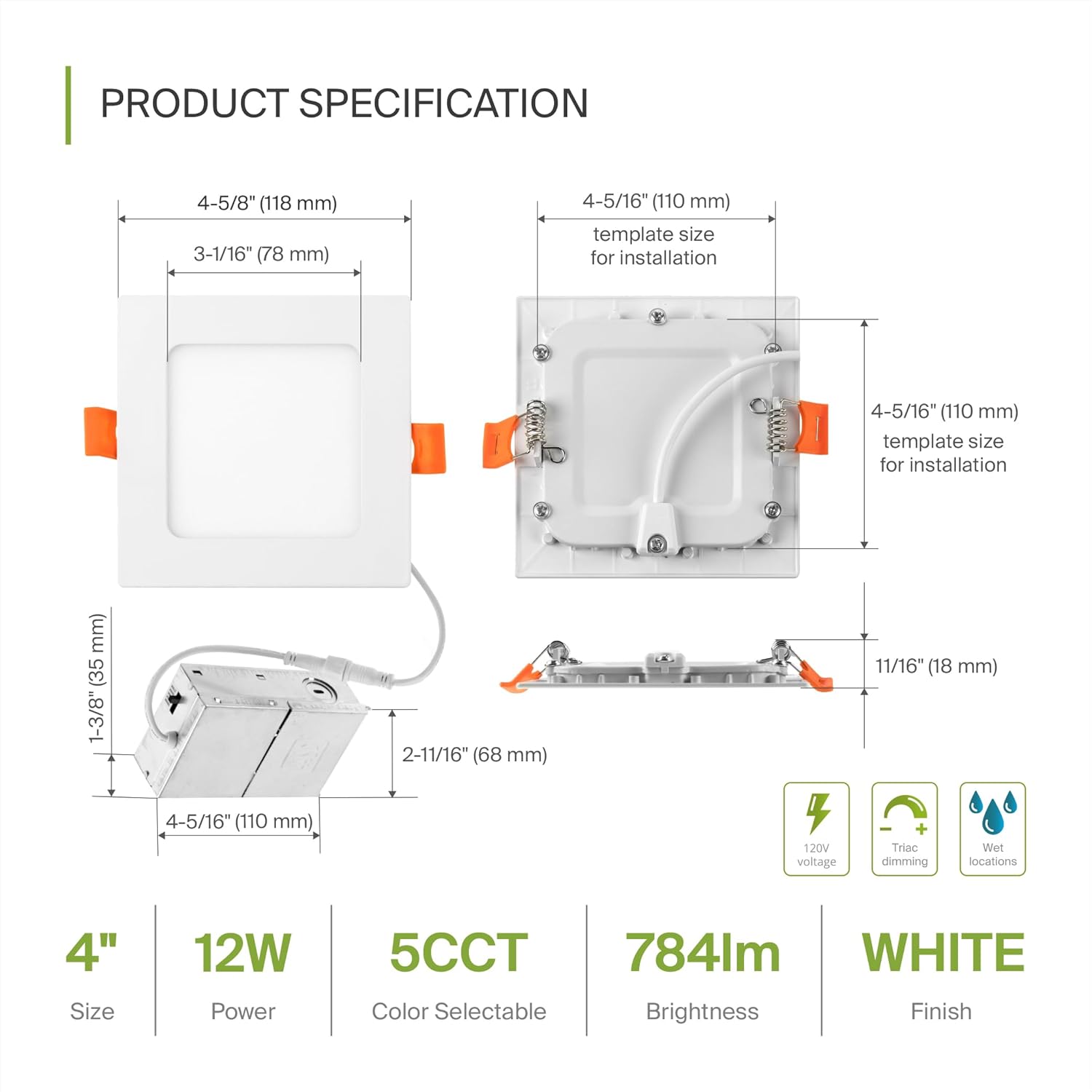 ASD Iluminación LED empotrable cuadrada de 4 pulgadas  2700 K3000 K3500 K4000 K5000 K, 12 W 50 W Eqv  Luces de techo ultra finas y regulables con