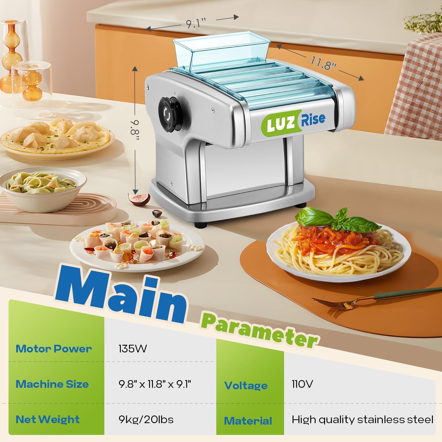 Máquina automática para hacer pasta eléctrica, rodillo de masa de pasta fresca, acero inoxidable (4 cuchillas para fideos planos de 0.079 in, 0.098