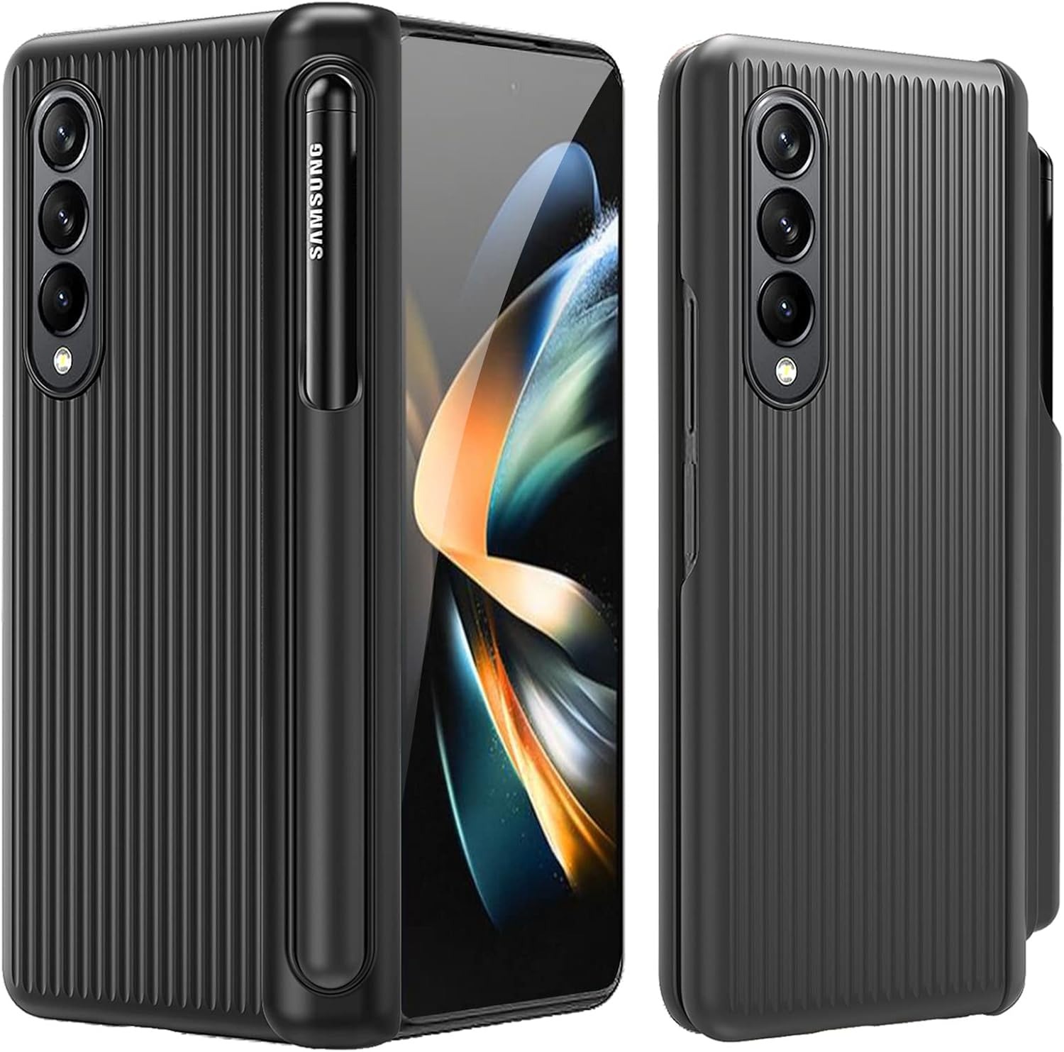 Miimall Funda compatible con Samsung Galaxy Z Fold 4 con bolígrafo, Z Fold 4 con S Pen + protector de pantalla frontal + diseño de rayas verticales,