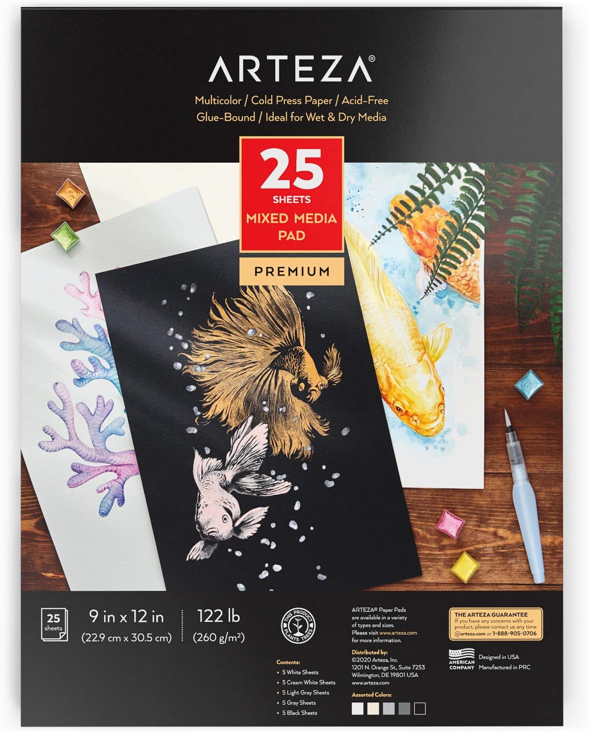 Arteza Cuaderno de bocetos de medios mixtos, 9 x 12 pulgadas, 25 hojas, papel de dibujo tonificado blanco, crema, gris claro, gris y negro, 122
