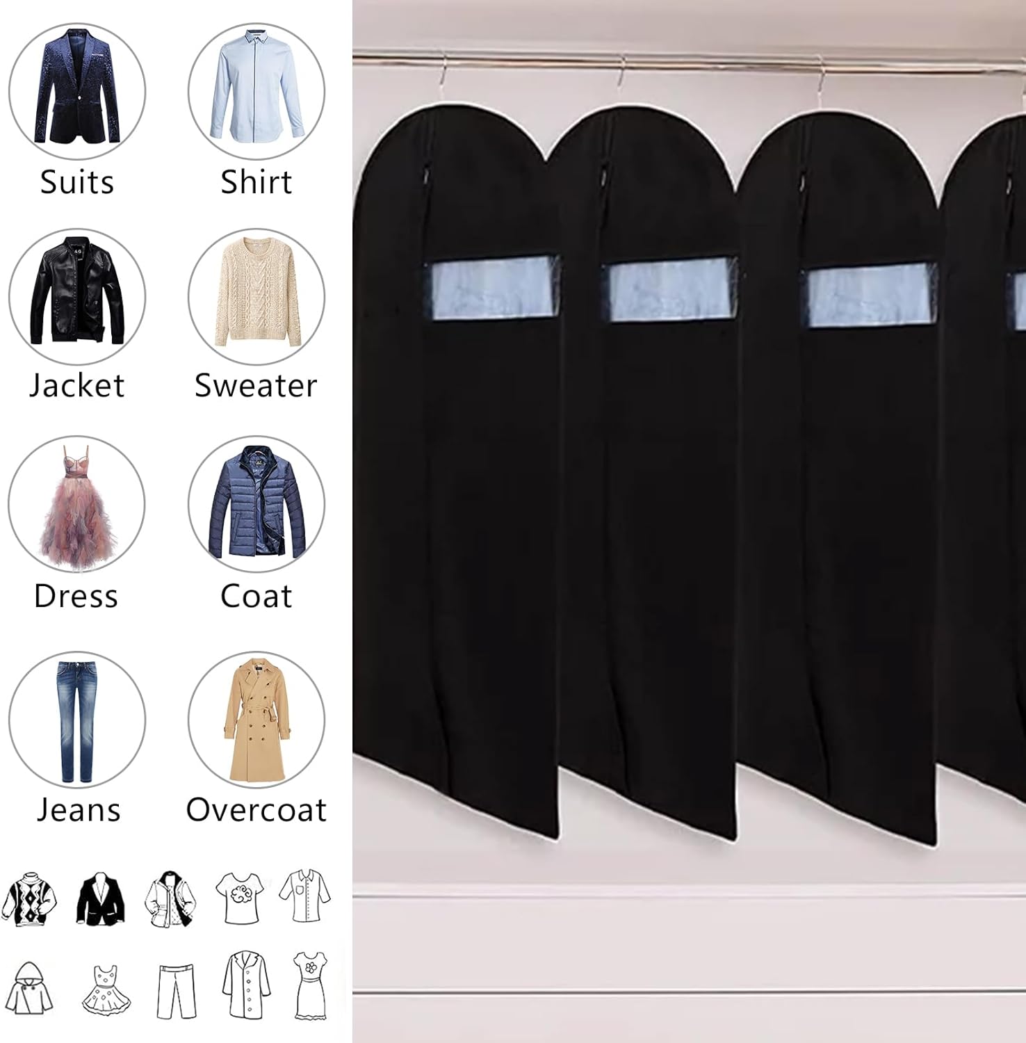 GoodtoU Fundas de traje, bolsas de ropa negras para viajes, 12 paquetes de bolsas de vestir para almacenamiento en el armario, bolsas de ropa de