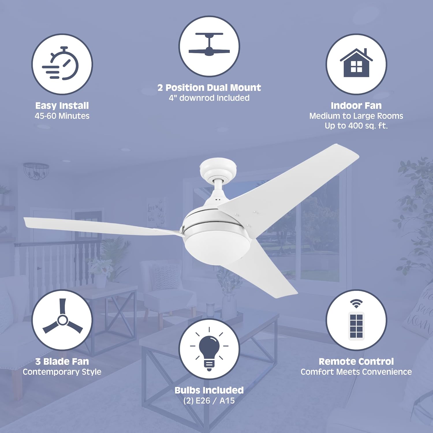Prominence Home Maxon – Ventilador de techo para interiores de 52 pulgadas con luz LED, control remoto, 3 aspas modernas de alto rendimiento, flujo