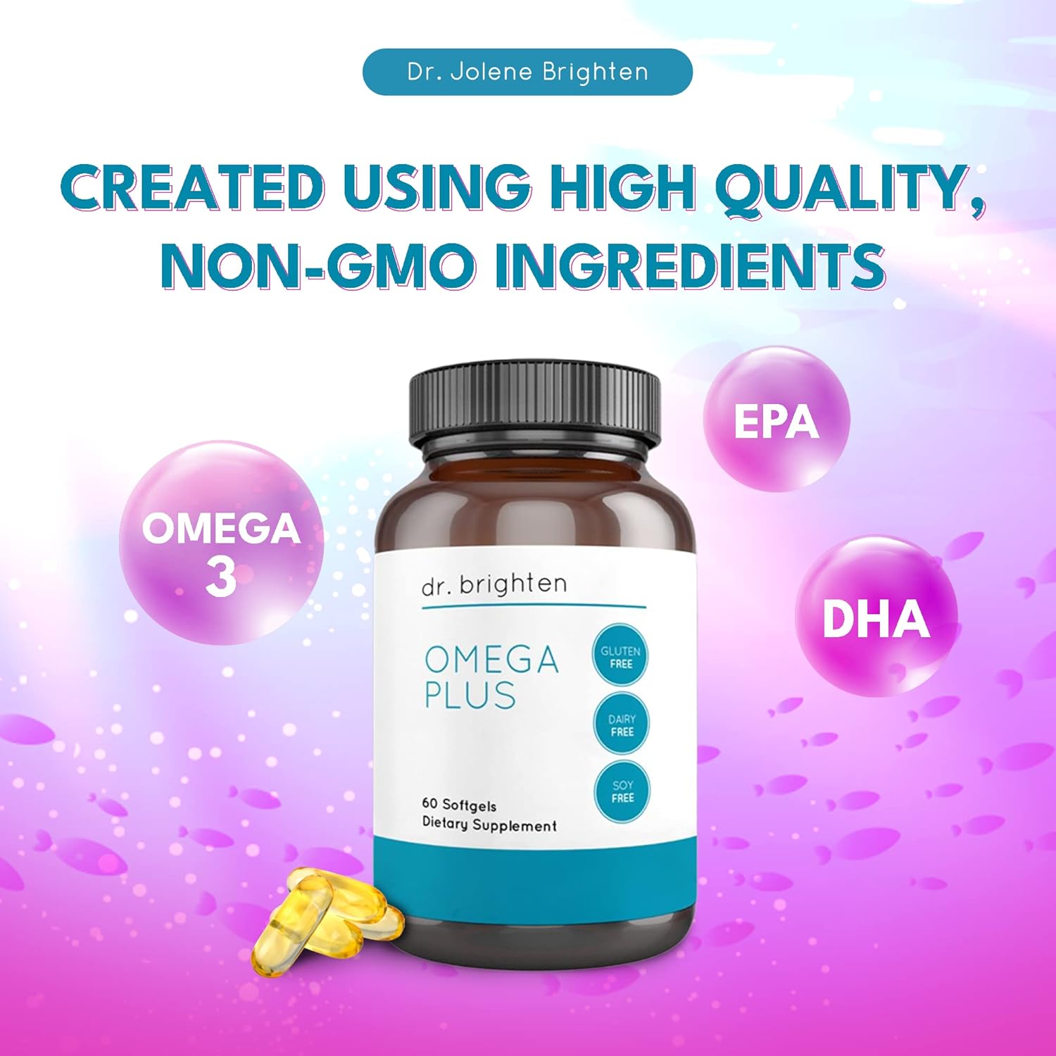 Dr. Brighten Omega Plus  1500 mg de suplemento de aceite de pescado EPADHA sin OMG para corazón, cerebro e sistema inmunológico  60 cápsulas blandas