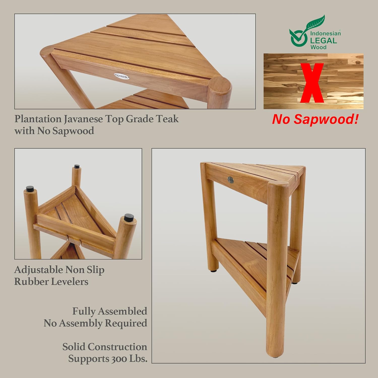 Asta Select – Taburete de ducha de esquina de teca maciza, taburete de madera de teca Poratble para spaduchainteriorexterior con estante de