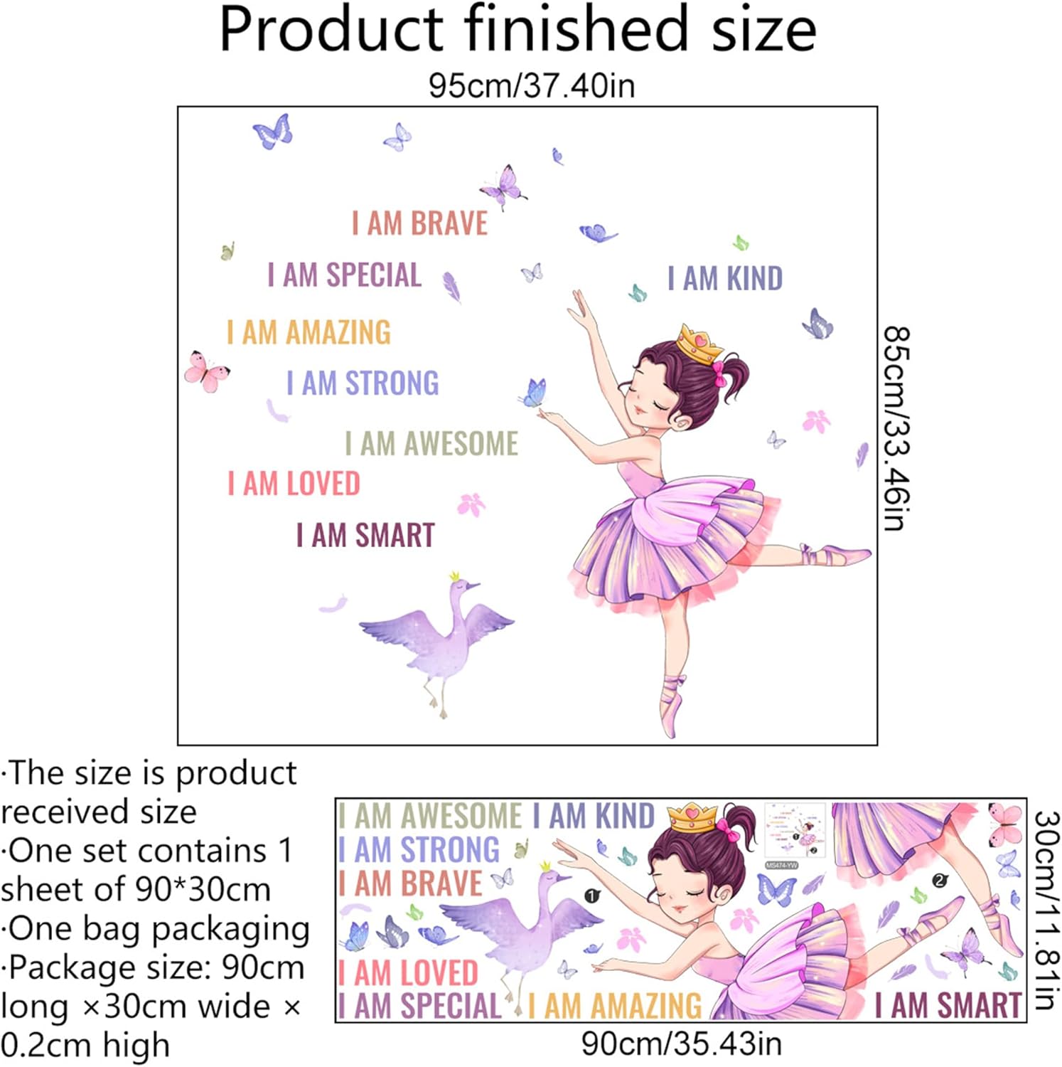 Preciosa calcomanía de pared para niña de ballet, calcomanías de pared de princesa con texto positivo diciendo que eres hermosa niña, decoración de
