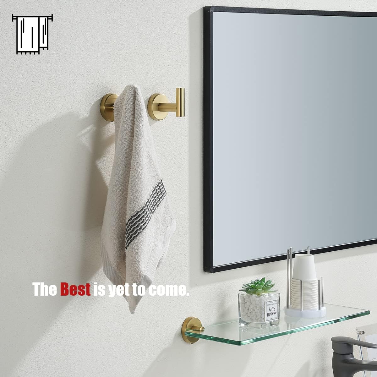 JQK Gancho para toallas de baño, color oro cepillado, gancho de latón para ropa para baño, cocina, garaje, montaje en pared (paquete de 4), acero