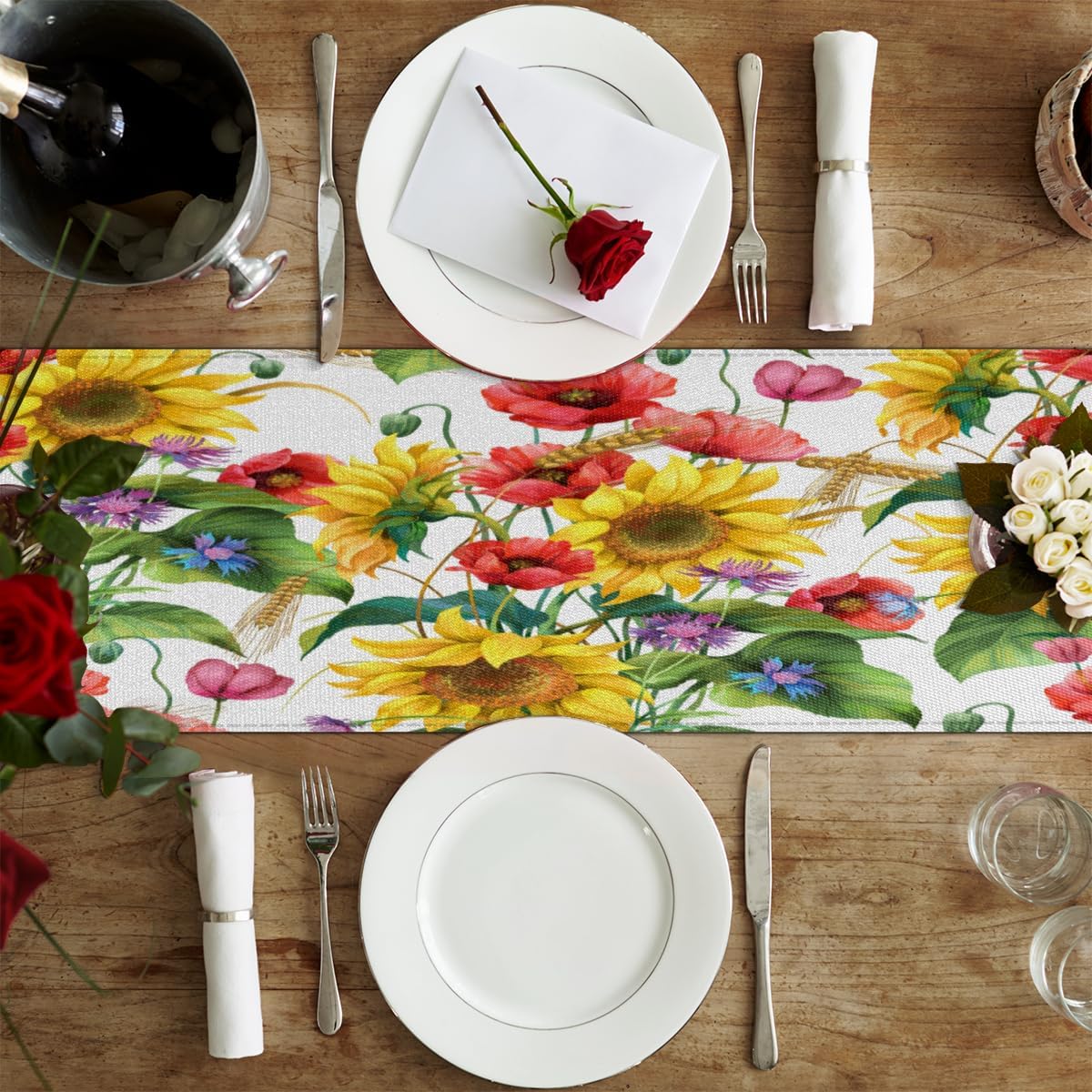 Table Runner Sunflowers Flowers, Autumn Rustic Linen Table Cloth Kitchen Dining Table Decor for Home Party 13 x 72 Inches