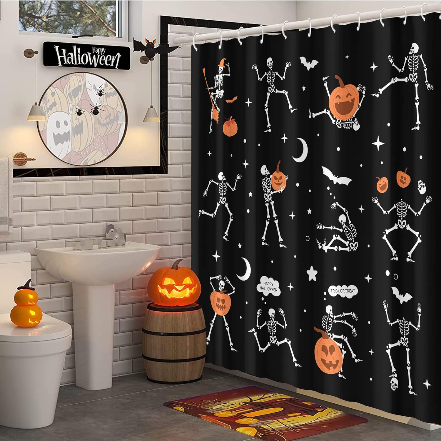 Cortina de ducha de calavera de Halloween para baño, divertida danza de esqueleto gótico en blanco y negro, cortinas de ducha de tela impermeable,