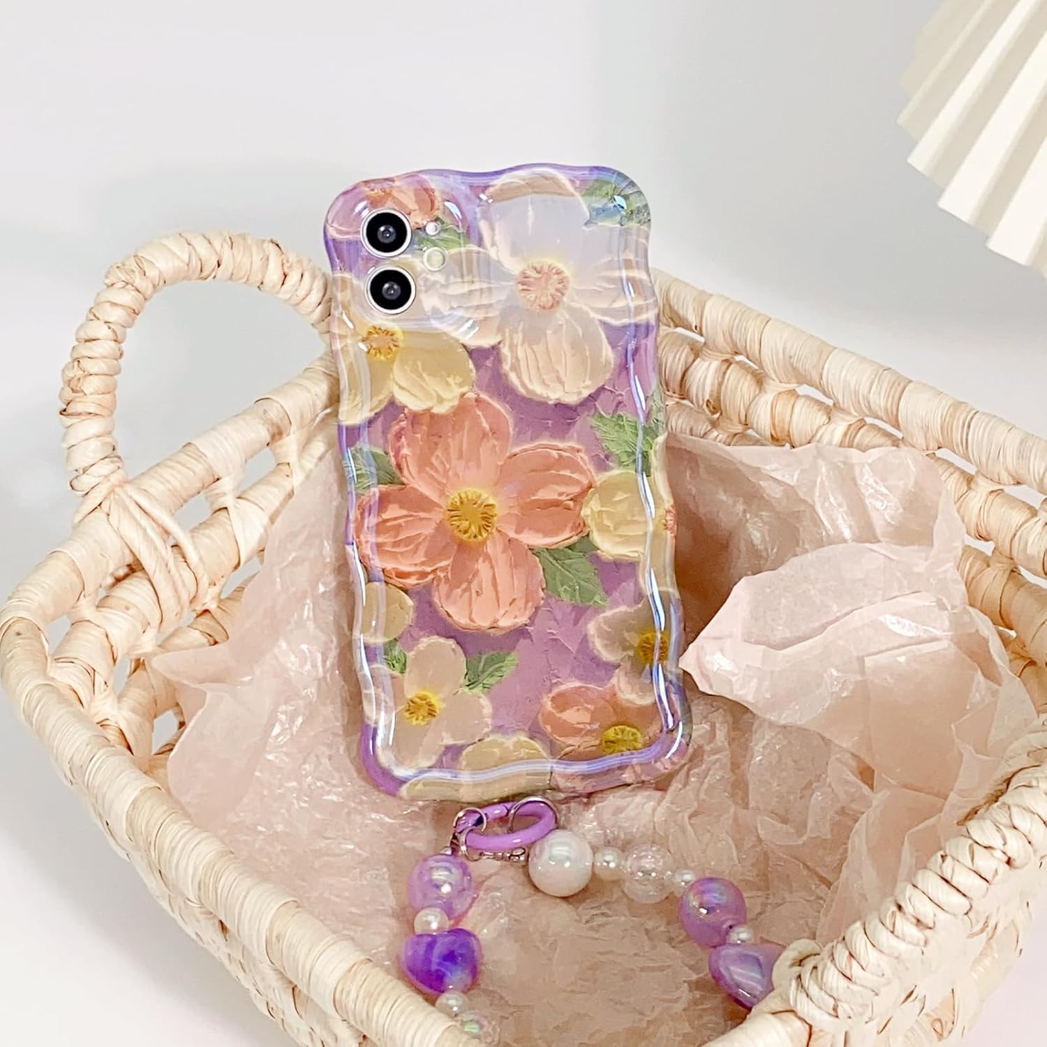 NITITOP Funda compatible con iPhone 11, bonita funda de pulsera de flores de aceite moradas con bonita correa de muñeca con cordón de flores para