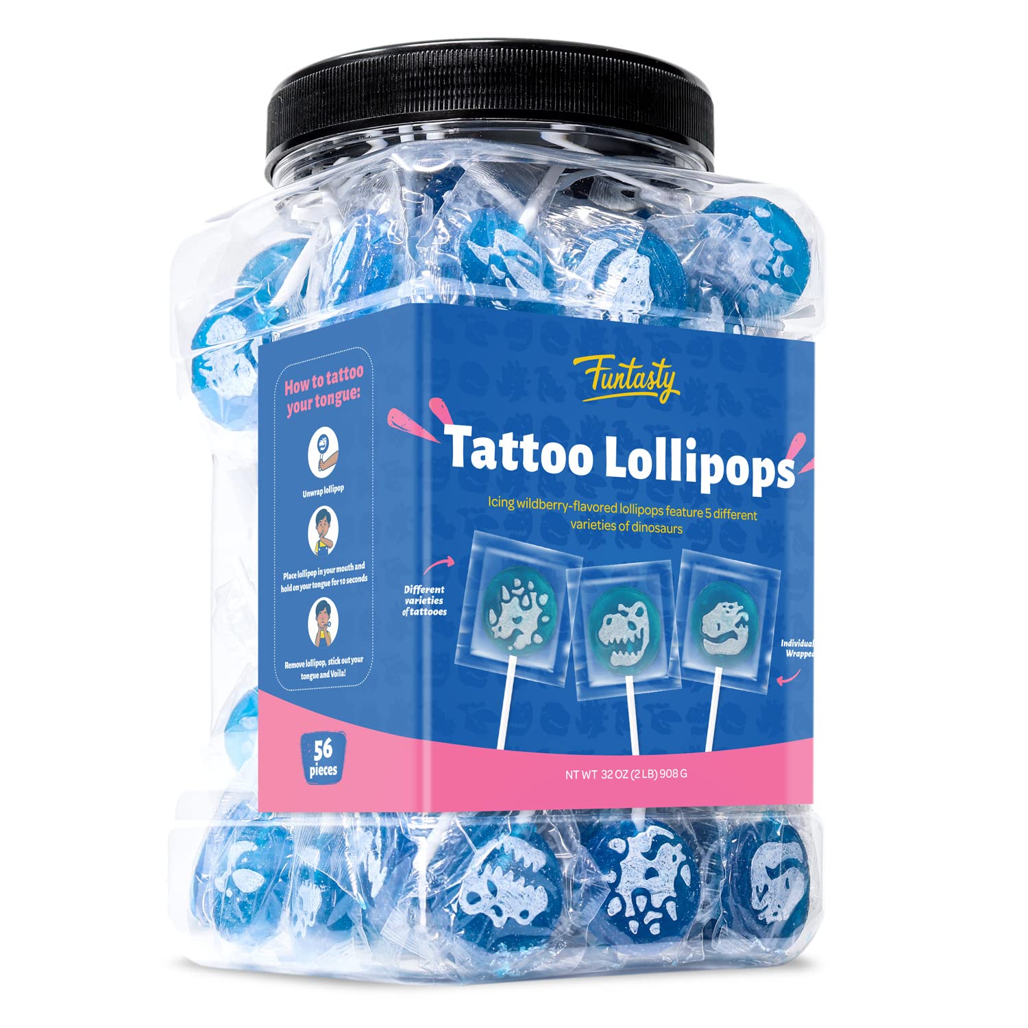 Funtasty Dinos Icing Tattoo Lollipops envueltos individualmente Wildberry Hard Candy, tarro de 2 libras (110 unidades)
