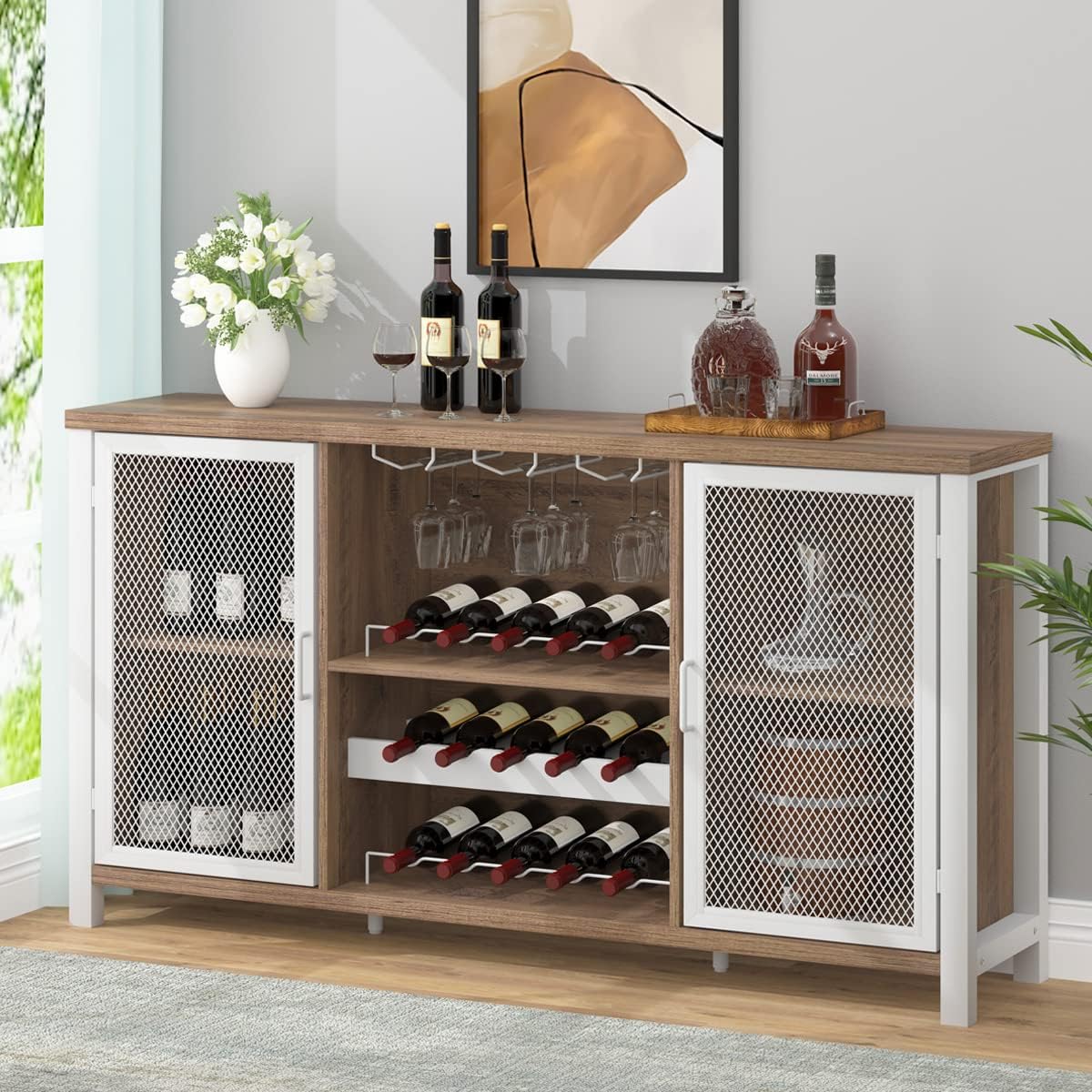 IBF Gabinete de bar de vino, gabinete de licor de granja para licor y vasos, aparador de buffet con estante de almacenamiento, soporte de madera