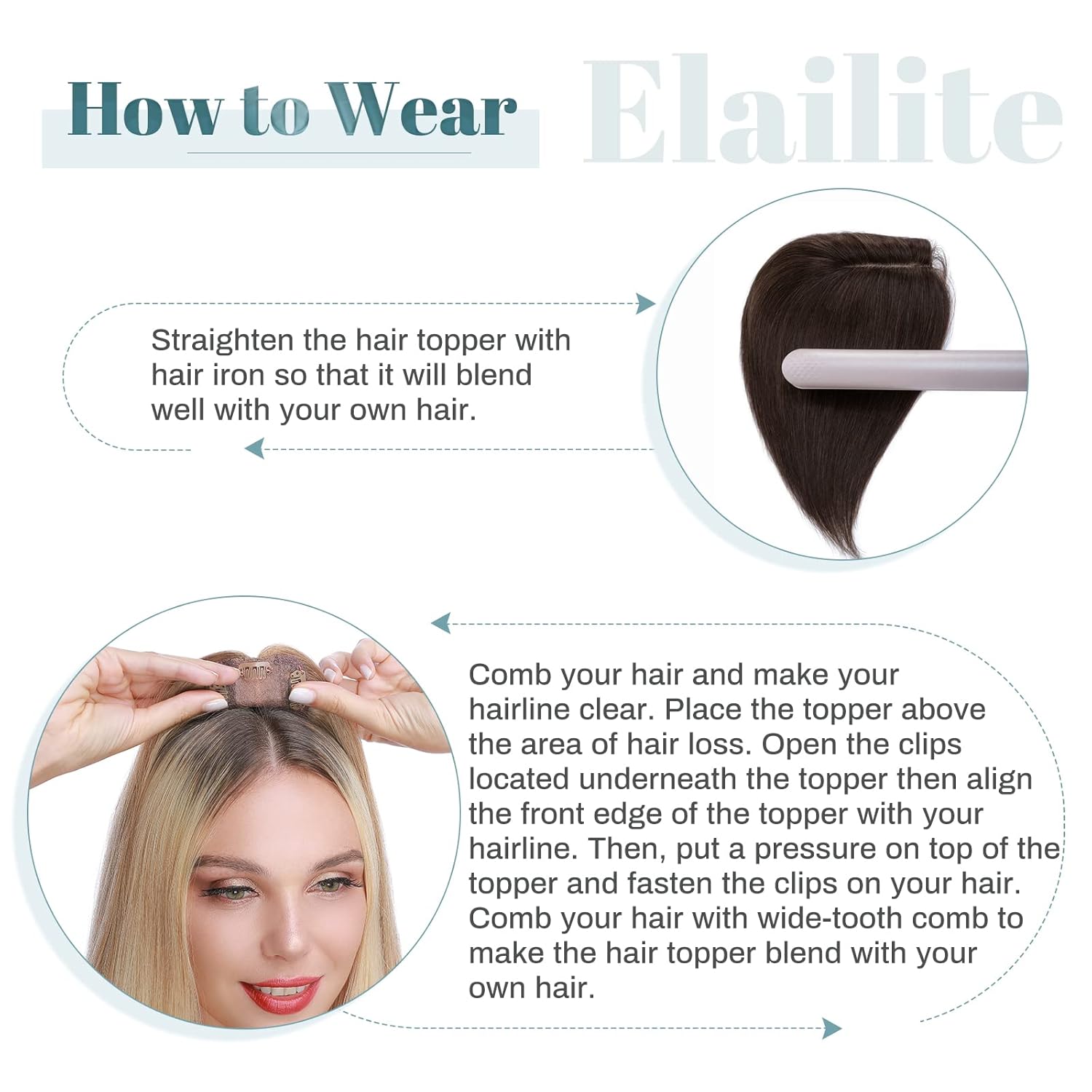 Elailite Toppers de cabello humano para mujer con clip de cabello fino V3.0, piezas de cabello real de 12 pulgadas con raya media para pérdida de