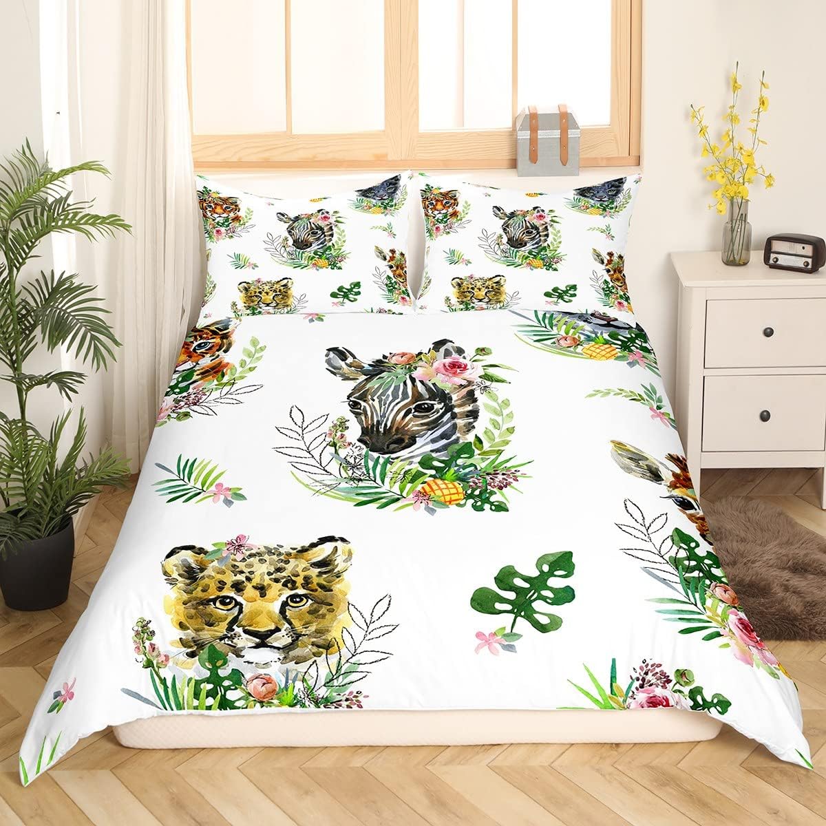 Juego de ropa de cama de animales salvajes, funda de edredón de leopardo y tigre para niños y niñas, funda de edredón de jirafa cebra, guepardo,