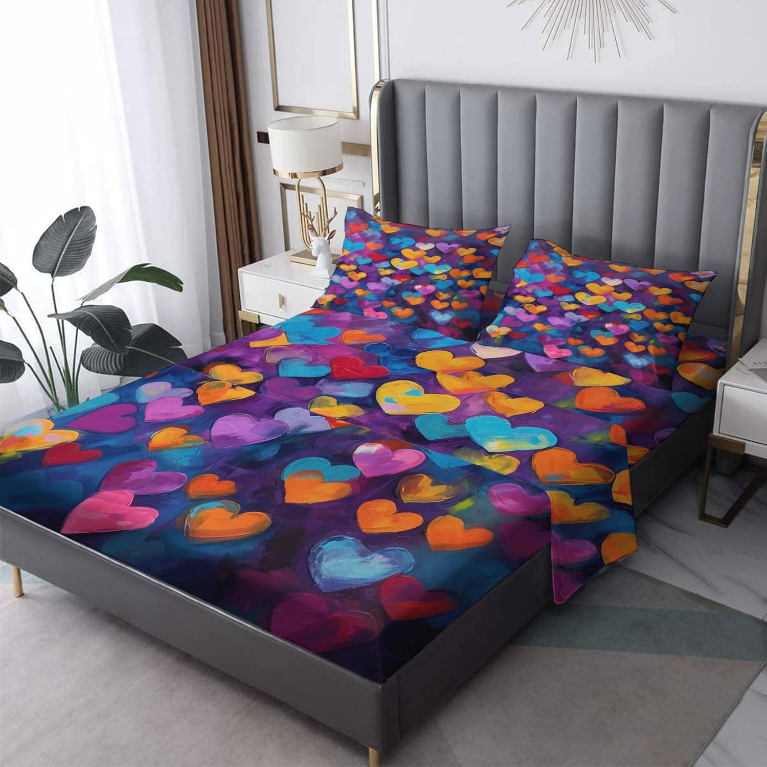 Juego de sábanas tamaño Queen  Juego de sábanas de corazón, sábanas y fundas de almohada de graffiti, microfibra suave, bolsillo profundo y sin