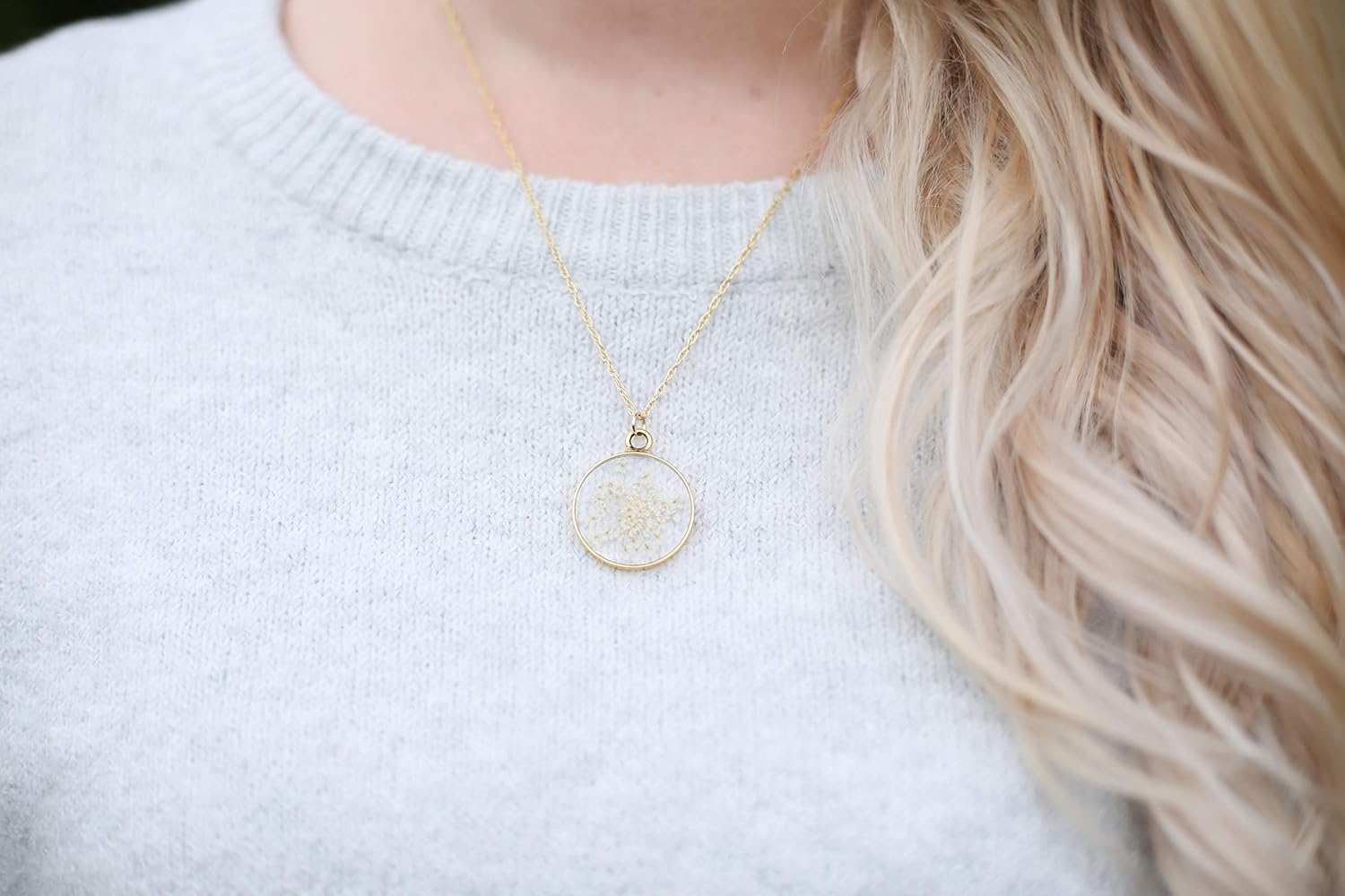 Olive Bella Handmade Pressed White Flower Necklace for Women Queen Anne’s Lace 14k Gold Filled Chain 18 inches