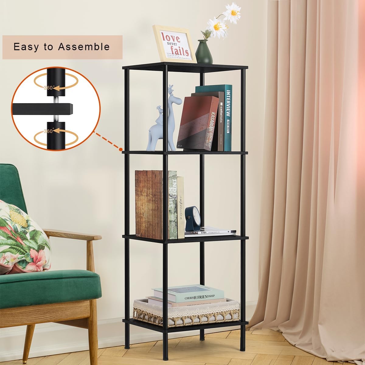 melos Estantería de 4 niveles, estantería clásicamente alta, organizador de almacenamiento, estante moderno para dormitorio, sala de estar y oficina
