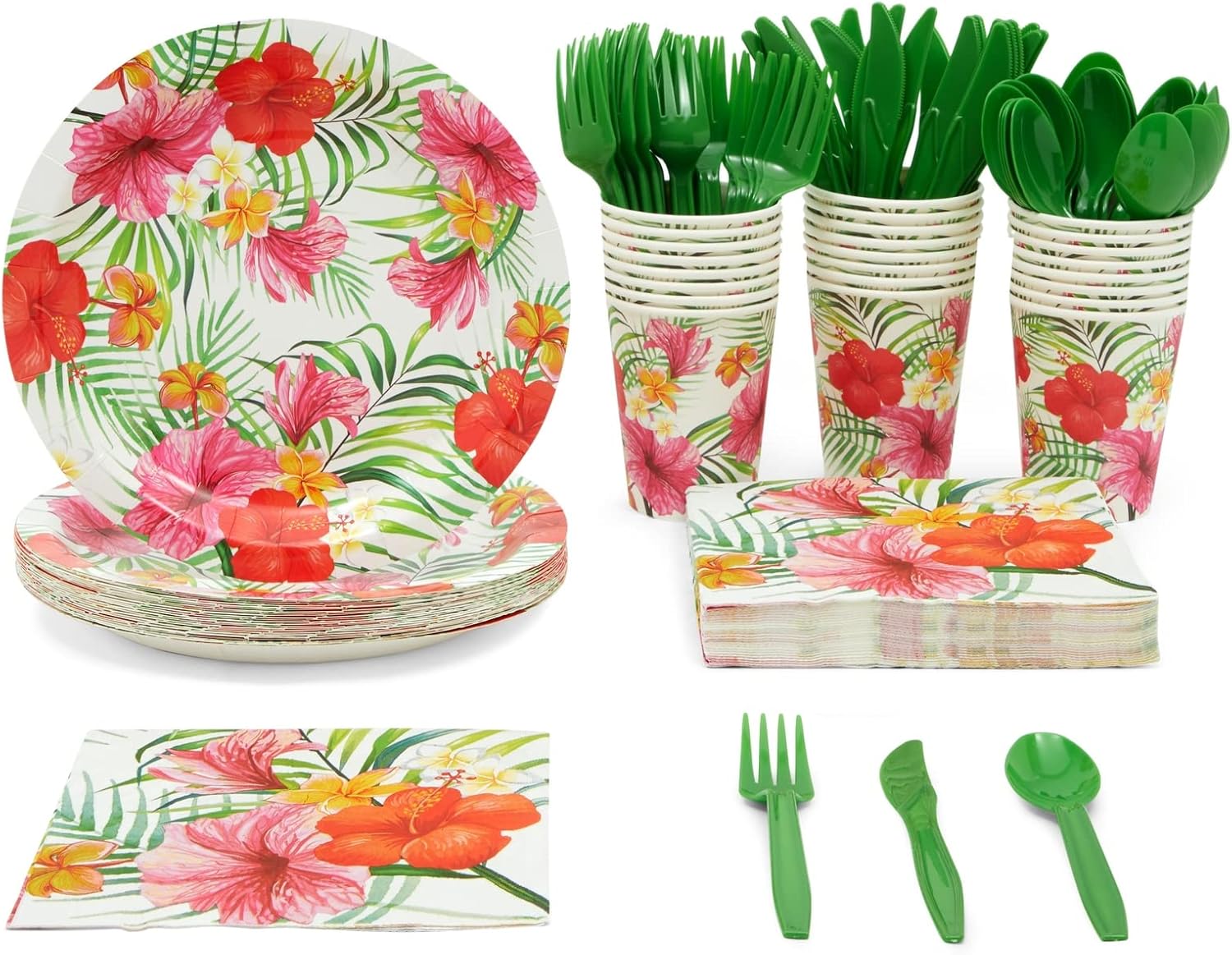 BLUE PANDA 144 piezas Tropical Luau Party Supplies, juego de vajilla hawaiana con platos, servilletas, tazas y cubiertos (sirve 24)