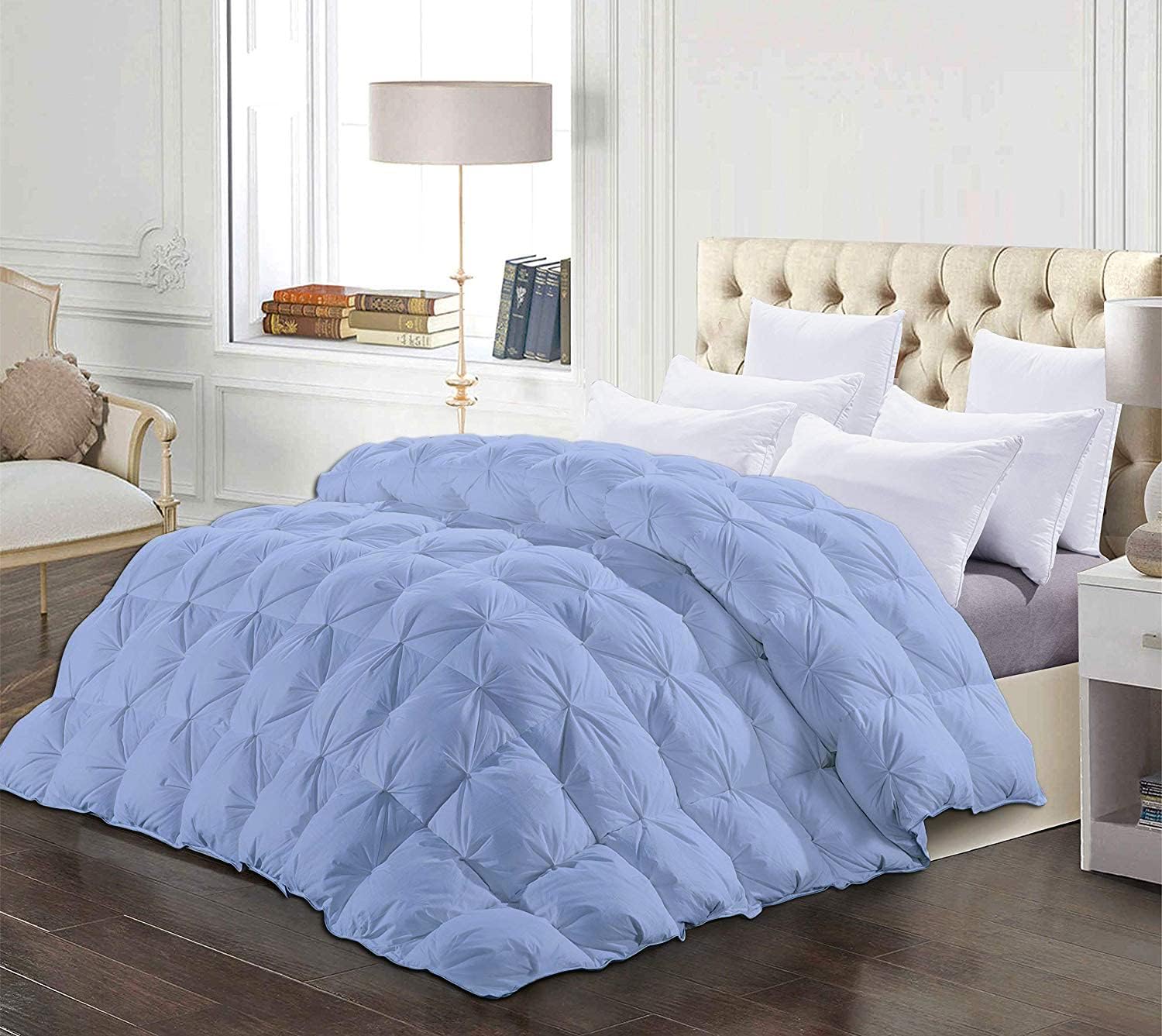 Lujo para todas las estaciones, calidad de hotel, estilo pintuck, 100% algodón orgánico, edredón plisado de 1 pieza con 4 pestañas en las esquinas,
