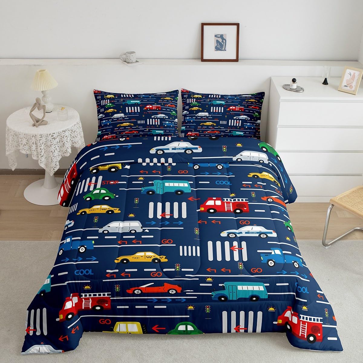Feelyou Juego de ropa de cama con diseño de caricaturas para automóvil, tamaño Queen, con vehículos de transporte y automóviles, edredón de camión