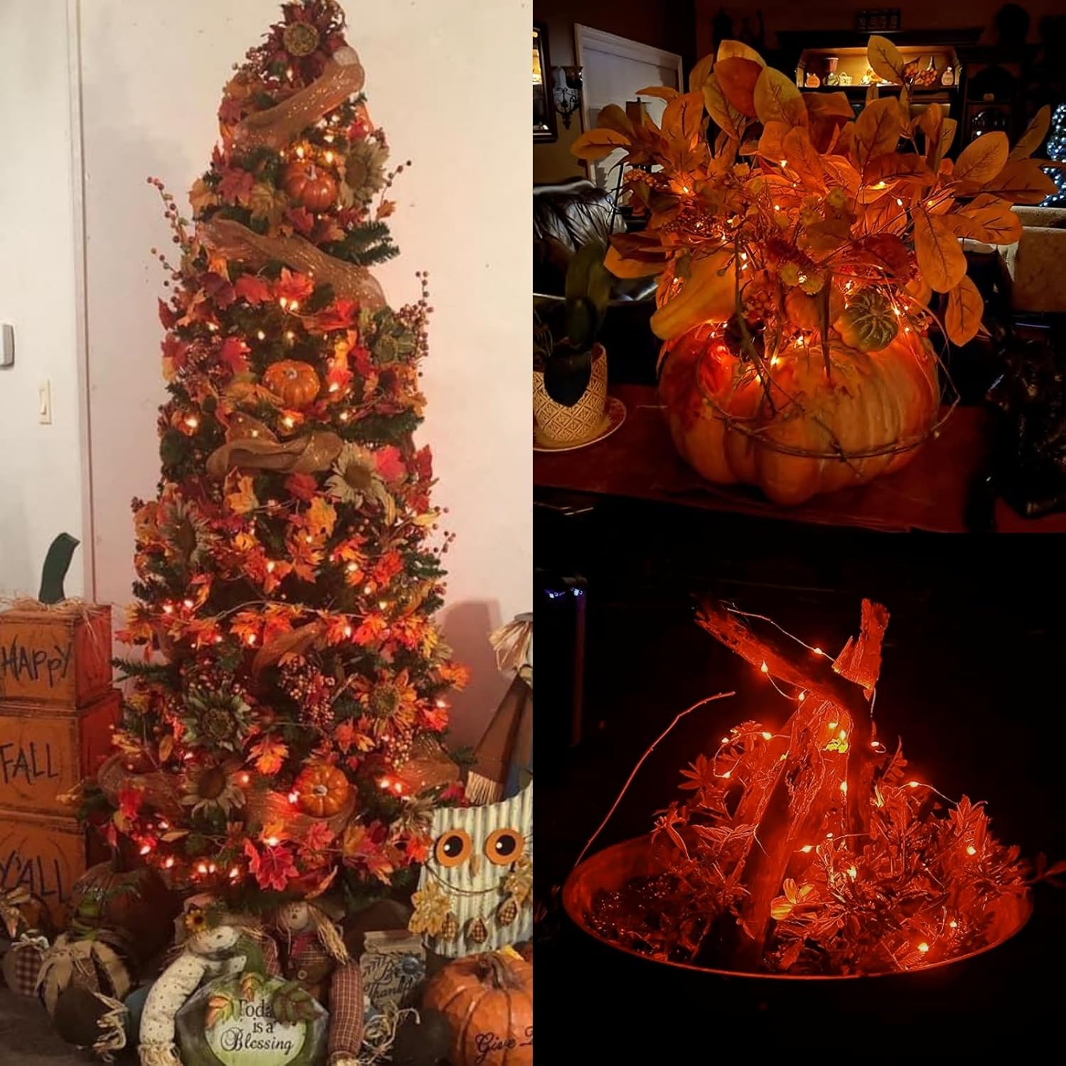 YEGUO 2 piezas de decoración de otoño para el hogar, total de 20 pies, 40 luces LED de hojas de arce con batería4 paquetes de 100 luces LED solares