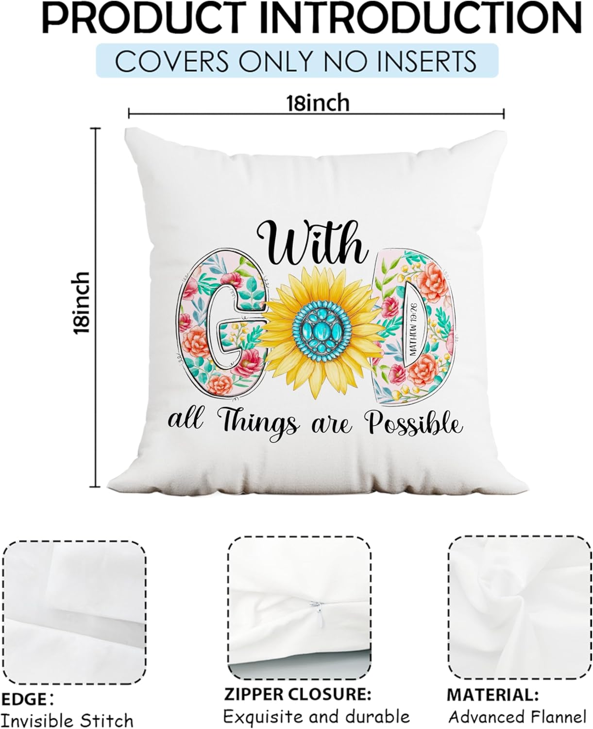 Fundas de almohada cristianas de 18 x 18 pulgadas, con dios todas las cosas son posibles, decoración religiosa para el hogar, decoración de