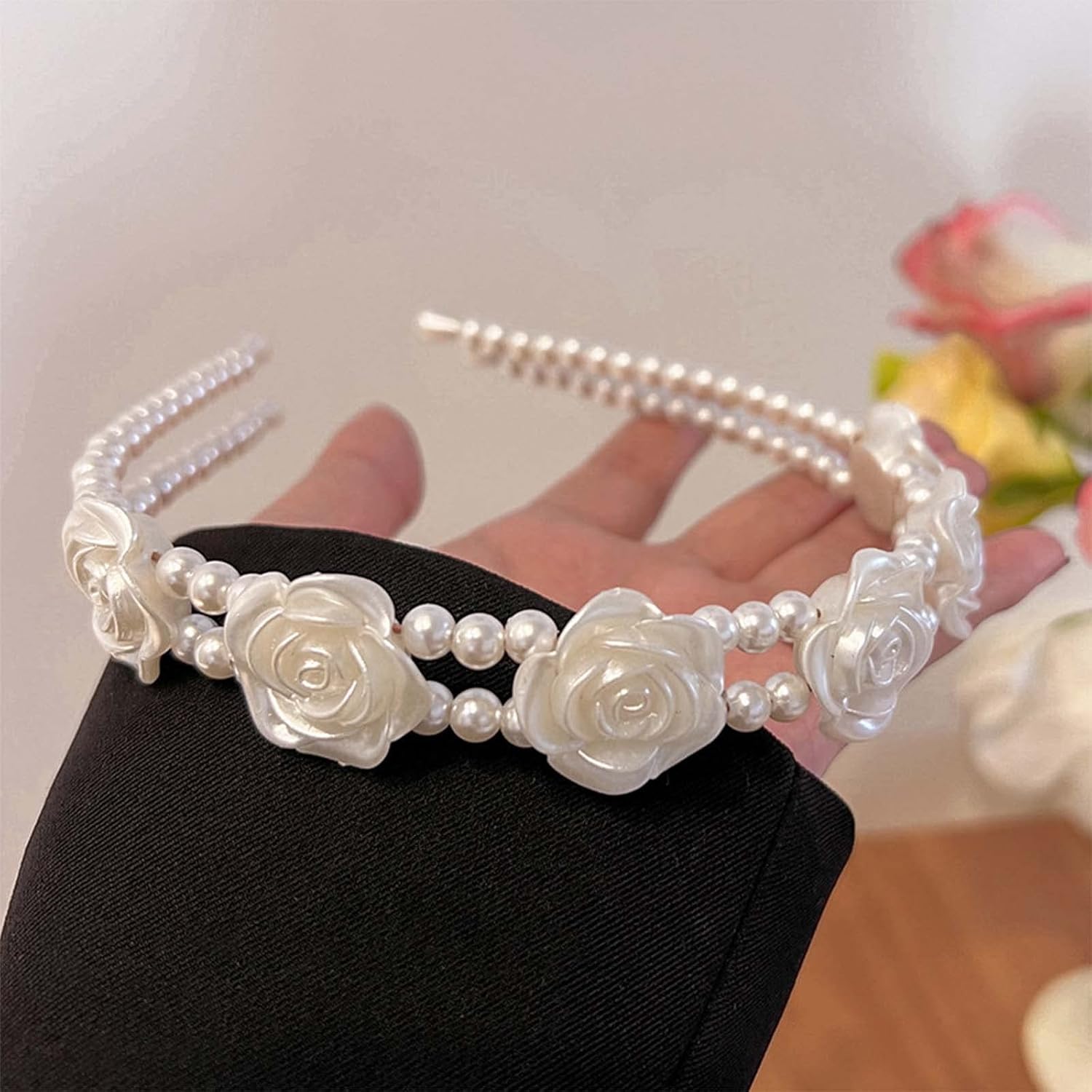 Elegante diadema de corona de rosas de plástico, tiara de princesa floral de rosas blancas, diadema francesa para novia, boda, fiesta, accesorio