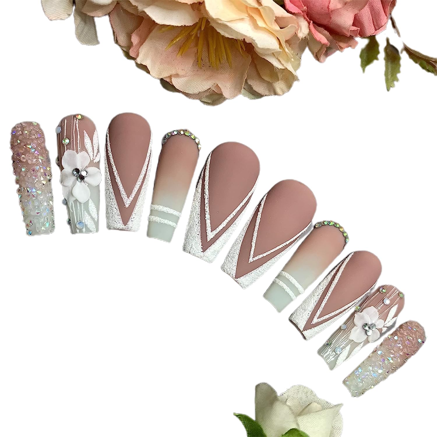 Press on Nail Handmade 3D FLowers Matte with Glitter & Rhinestones, Luxury Extra Long Ballerina Coffin Fake Nails, False Tips Artificial Finger