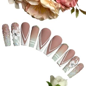 Press on Nail Handmade 3D FLowers Matte with Glitter & Rhinestones, Luxury Extra Long Ballerina Coffin Fake Nails, False Tips Artificial Finger Press on Nail Handmade 3D FLowers Matte with Glitter & Rhinestones, Luxury Extra Long Ballerina Coffin Fake Nails, False Tips Artificial Finger