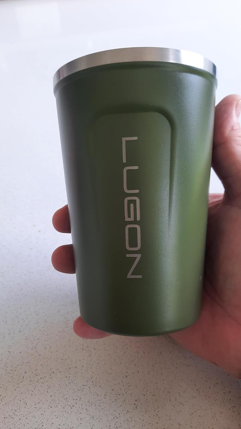Lugon Taza de café de acero inoxidable de doble pared aislada al vacío de 12 onzas con tapa a prueba de derrames, taza de viaje para el trabajo,