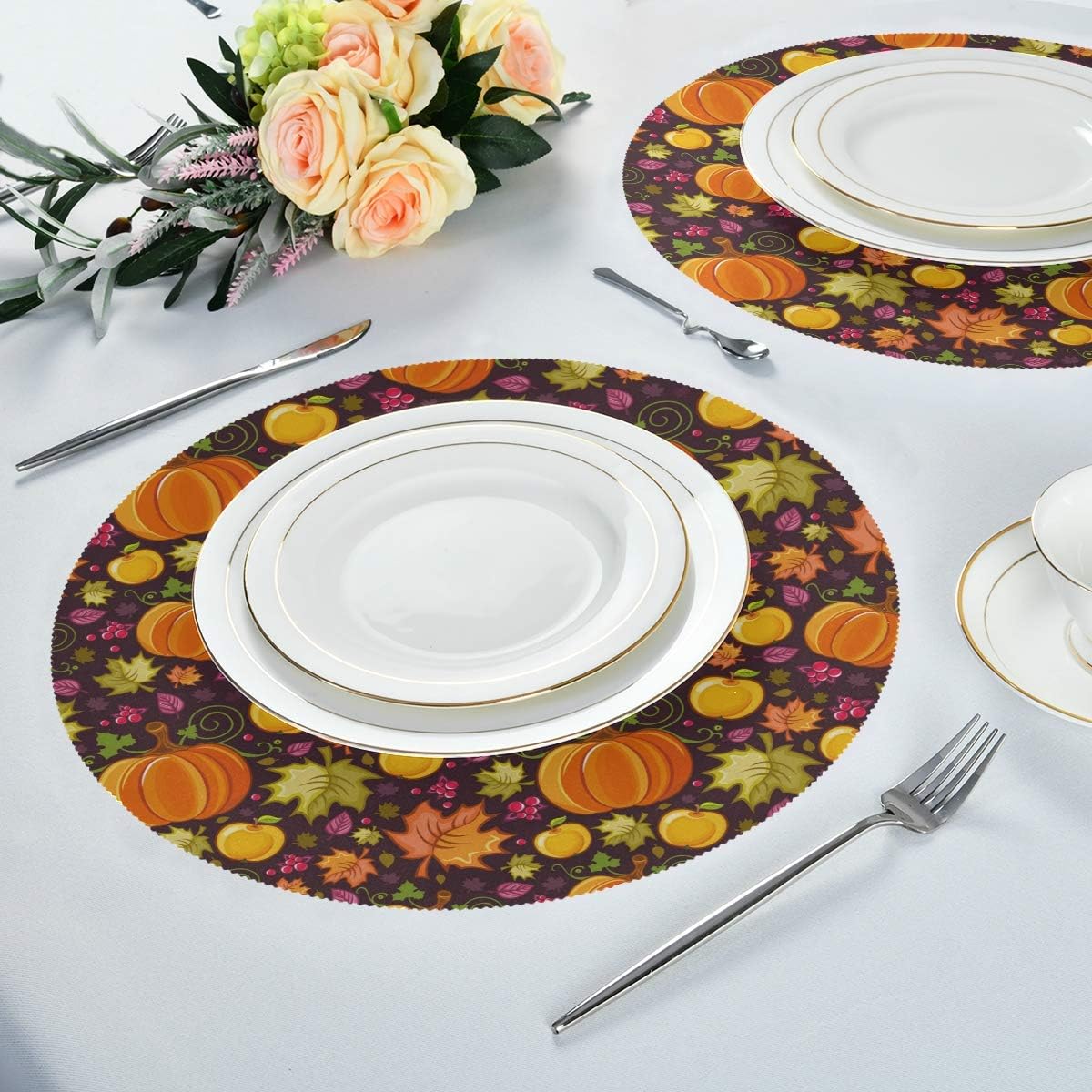 Qilmy Juego de 4 manteles individuales redondos de poliéster antideslizantes y lavables de cosecha de otoño, para decoración de mesa de cocina,