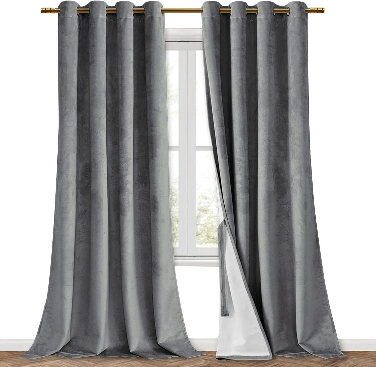 Hiasan Cortinas de terciopelo gris 100% opacas para dormitorio con alzapaños, doble capa de oscurecimiento de la habitación, aislamiento térmico y