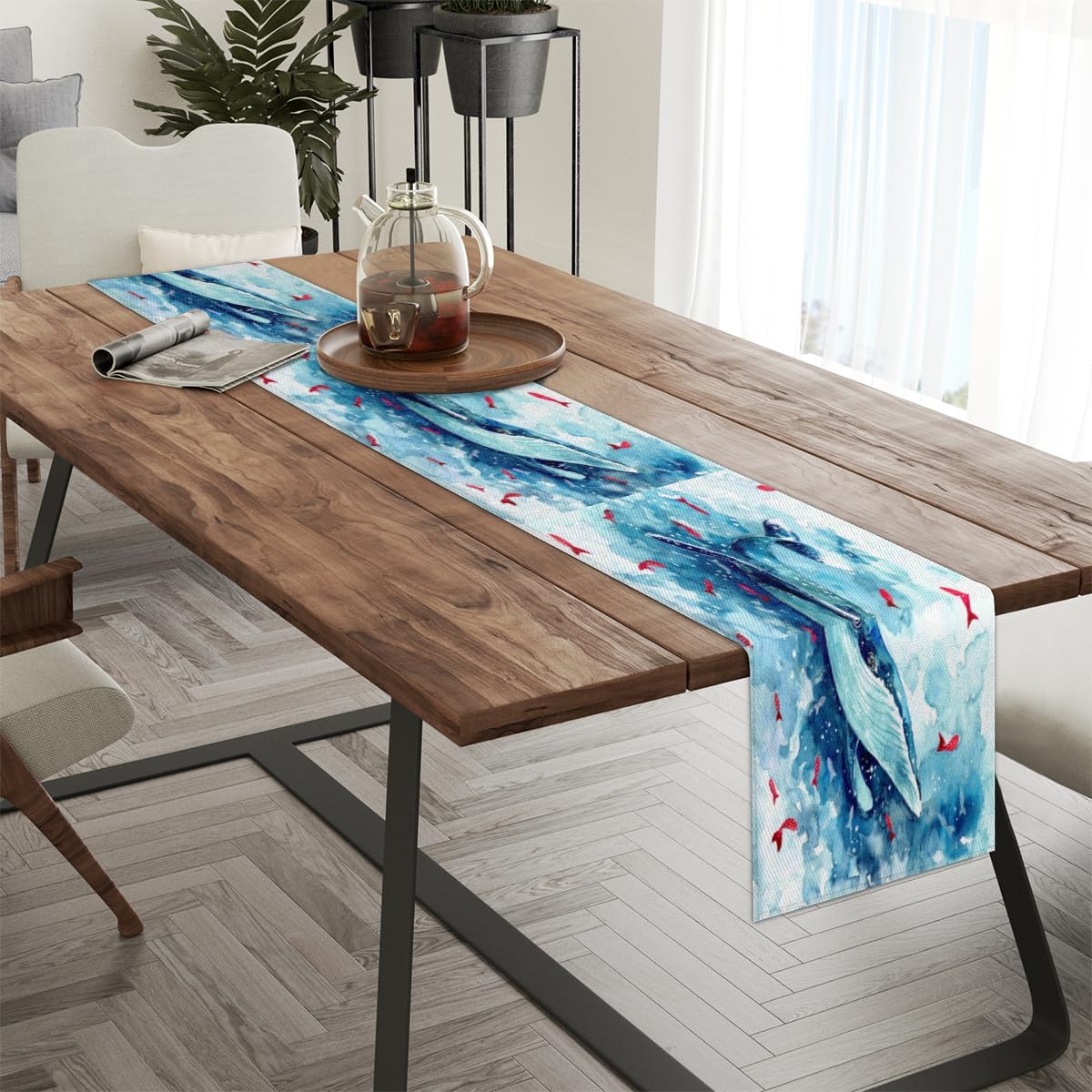 Camino de mesa de acuarela delfines, mantel de lino rústico otoñal, decoración de mesa de cocina y comedor para fiesta en el hogar, 13 x 72 pulgadas