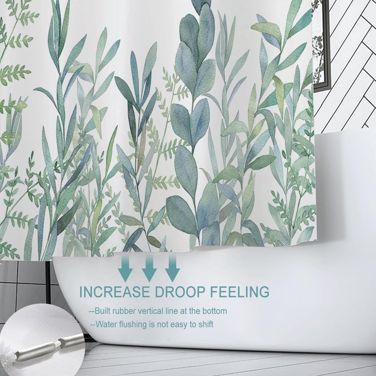Cortina de ducha de plantas verdes, 72 x 72 pulgadas, hermoso diseño de hojas, decoración de baño, juego de cortina de ducha de tela impermeable con