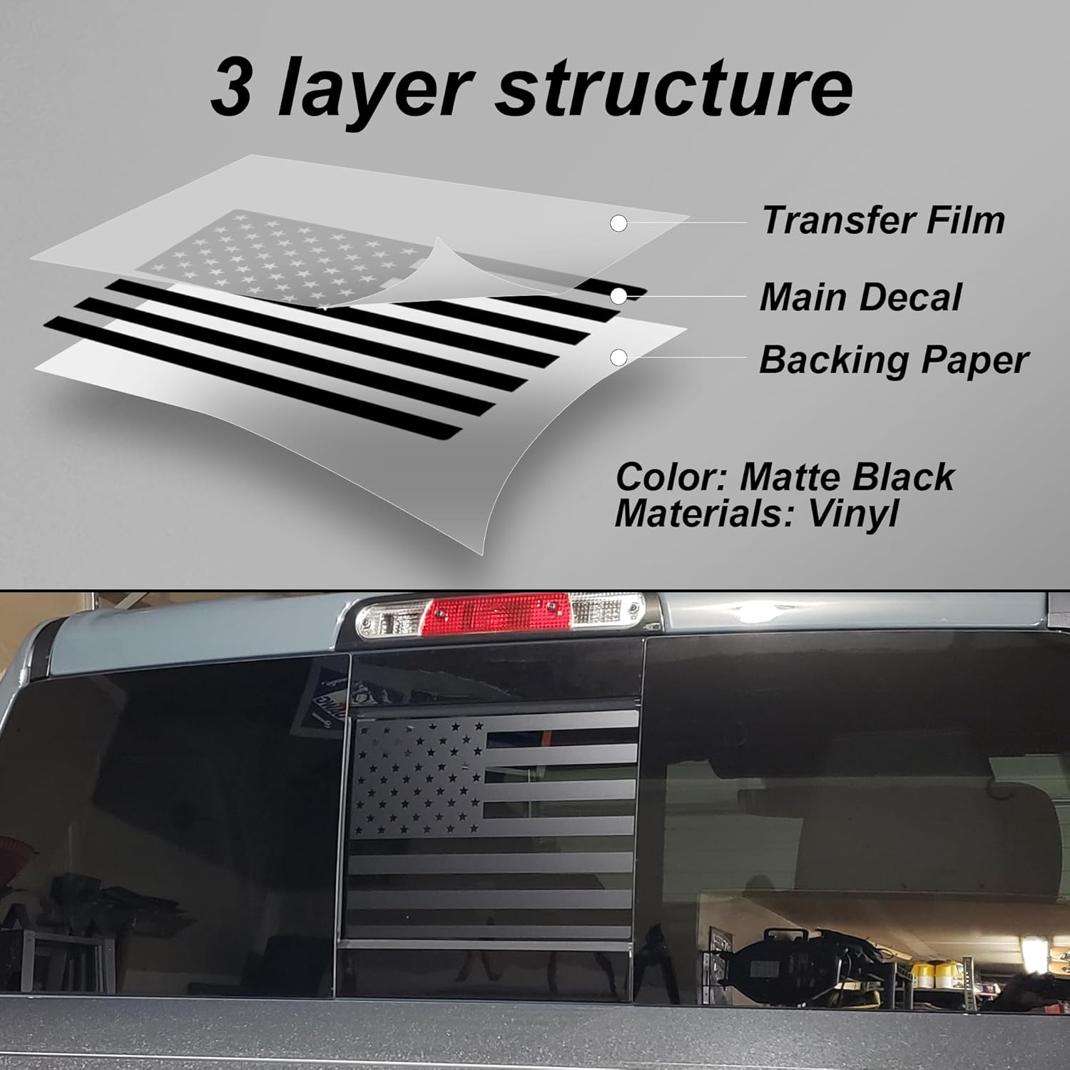 Calcomanía de vinilo para ventana trasera trasera central compatible con Nissan Titan 2013-2022 con la bandera estadounidense negra mate (equipada