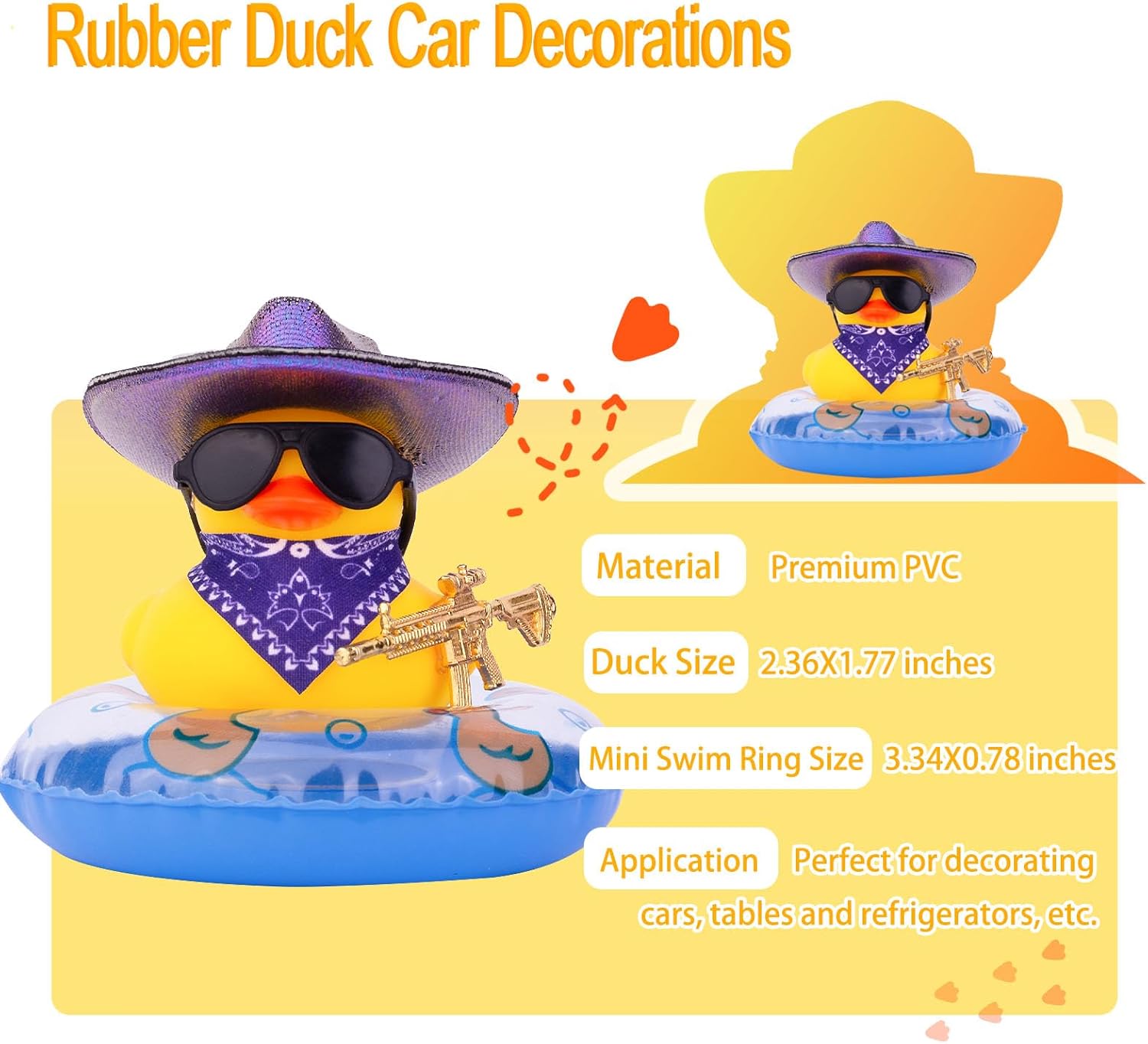 Patos de goma para tablero de instrumentos de automóvil, pato vaquero, accesorios de decoración con mini sombrero de vaquero holográfico, anillo de