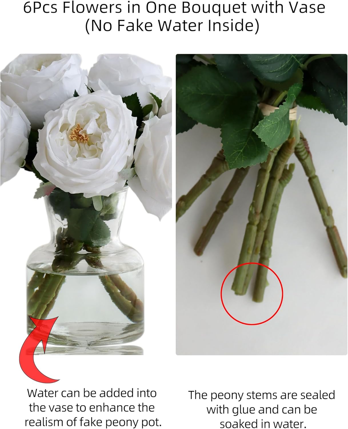 6 flores falsas de peonías de rosas Austin con jarrón, florero de vidrio transparente con peonías blancas de tacto real, flores artificiales para