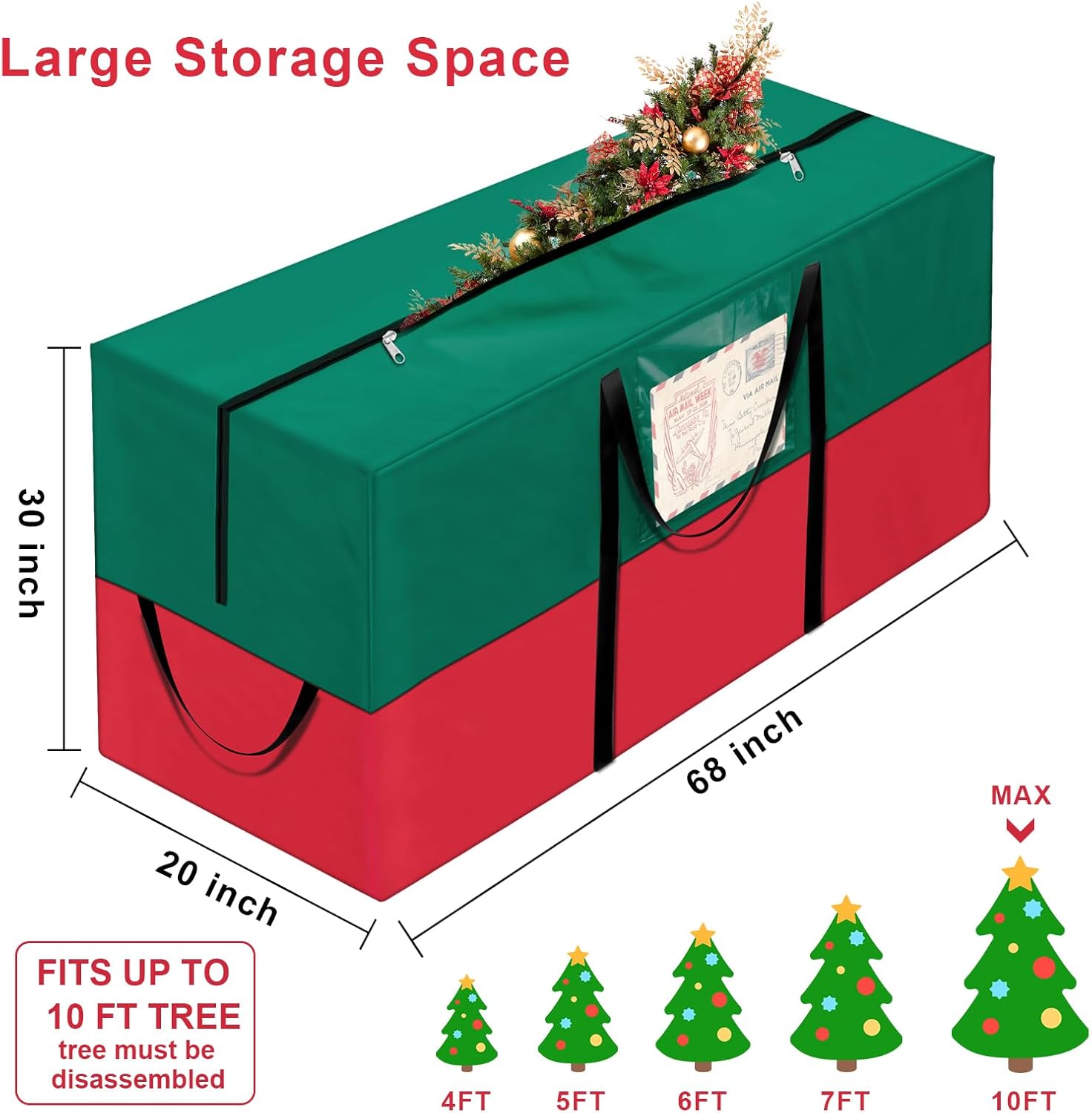 Bolsa de almacenamiento impermeable para árbol de Navidad, se adapta a árboles artificiales desmontados de hasta 10 pies de alto, 68 x 20 x 30