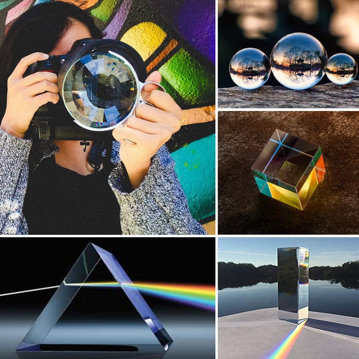 Toolly Paquete de 4 prismas de fotografía de cristal óptico K9, incluye bola de cristal de 1.969 in, cubo de cristal de 1.969 in, prisma triangular