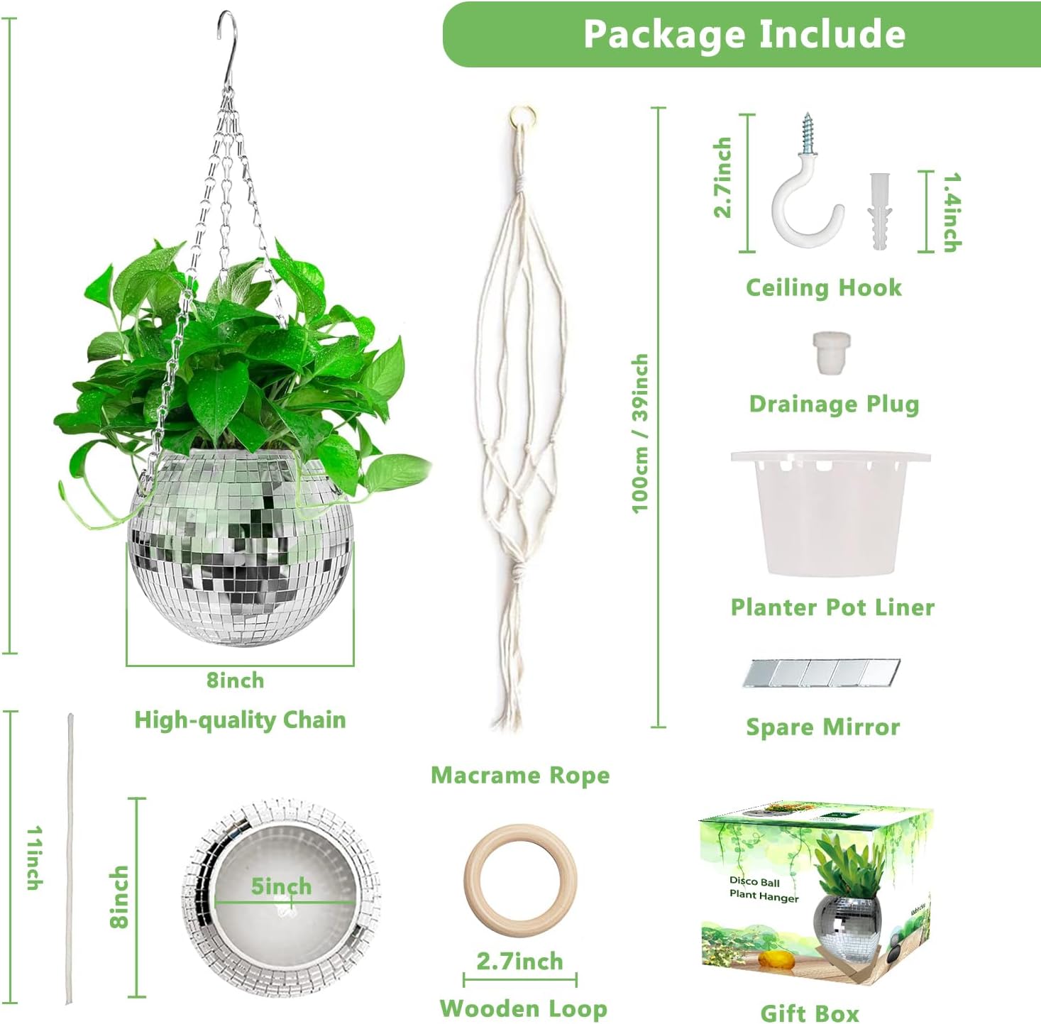 Macetas de riego automático para plantas de interior con orificio de drenaje, maceta de bola de discoteca con cadena, cuerda de macramé, anillo de