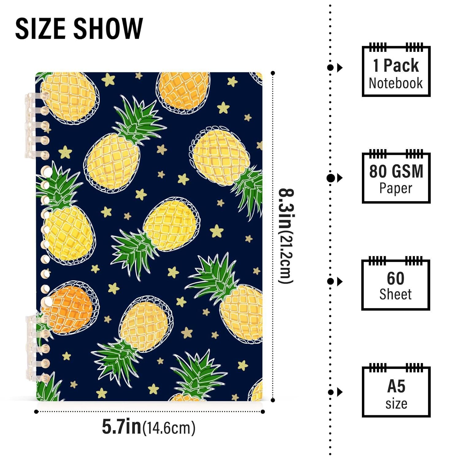 Glaphy Pineapple Orange and Yellow Notebook A5 Spiral Notebooks, 60 Sheets College Ruled Paper, Durable Hardcover Journal Notebook, 8.3 x 5.7 in