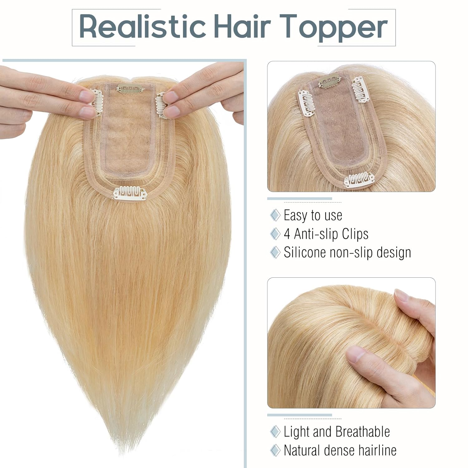 Rich Choices Toppers para el cabello para mujer, 100% cabello humano Remy, parte superior de tupé, base de seda, clip en el cabello sin flequillo,
