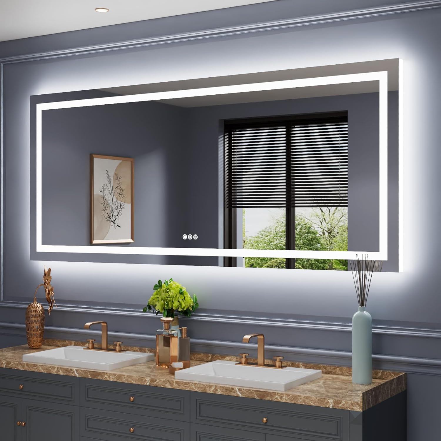 Amorho Espejo de baño LED grande de 88 x 38 pulgadas con luz frontal y retroiluminado, espejos de pared regulables sin pasos con antiniebla, a
